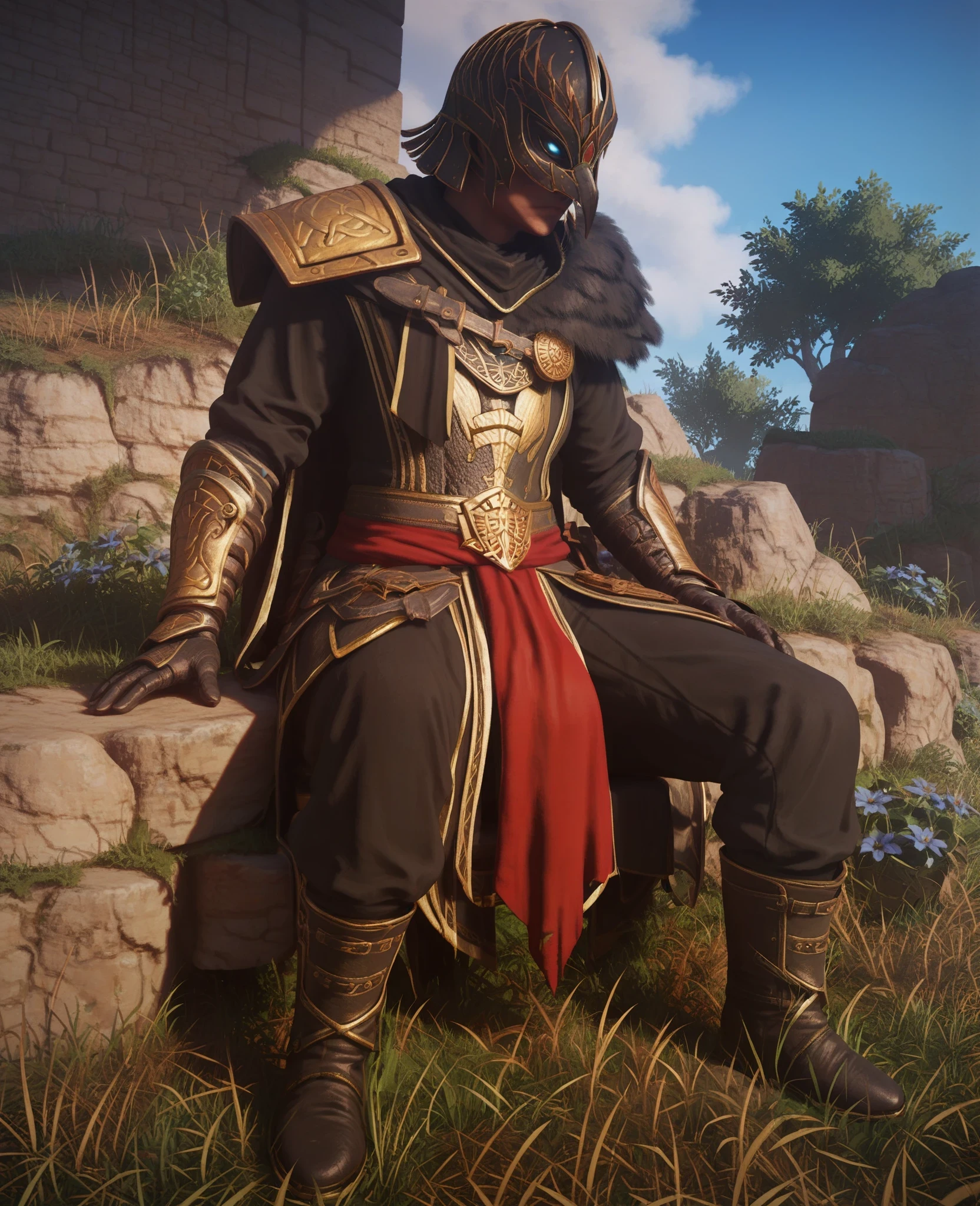 Bl4ckR4ven4rmor, armor, black robe, bracers, boots, red waist curtain, fur shoulder armor, helmet, score_9, score_8_up, score_7_up, score_6_up, score_5_up, (Sitting with one hand on the waist), outdoors, glowing eyes 