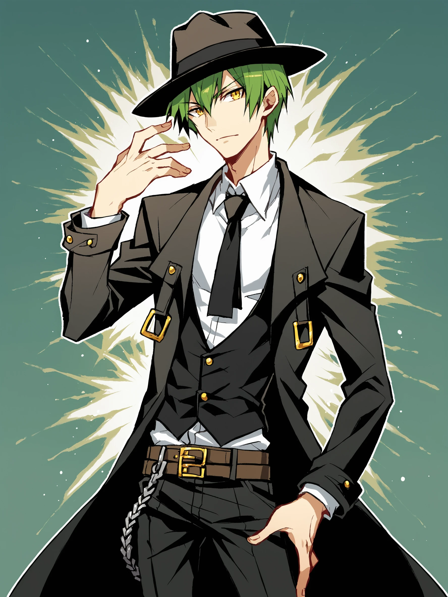 score_9, score_8up, score_7up, score_6up, score_5up, score_4up, abstract background, source_cartoon, rating_safe, BREAK
solo, young male, 1boy, blazhazama, fedora, green hair, formal suit, necktie, yellow eyes, chains, BREAK
<lora:Hazama_-_Blazblue_-_PDXL:0.8>