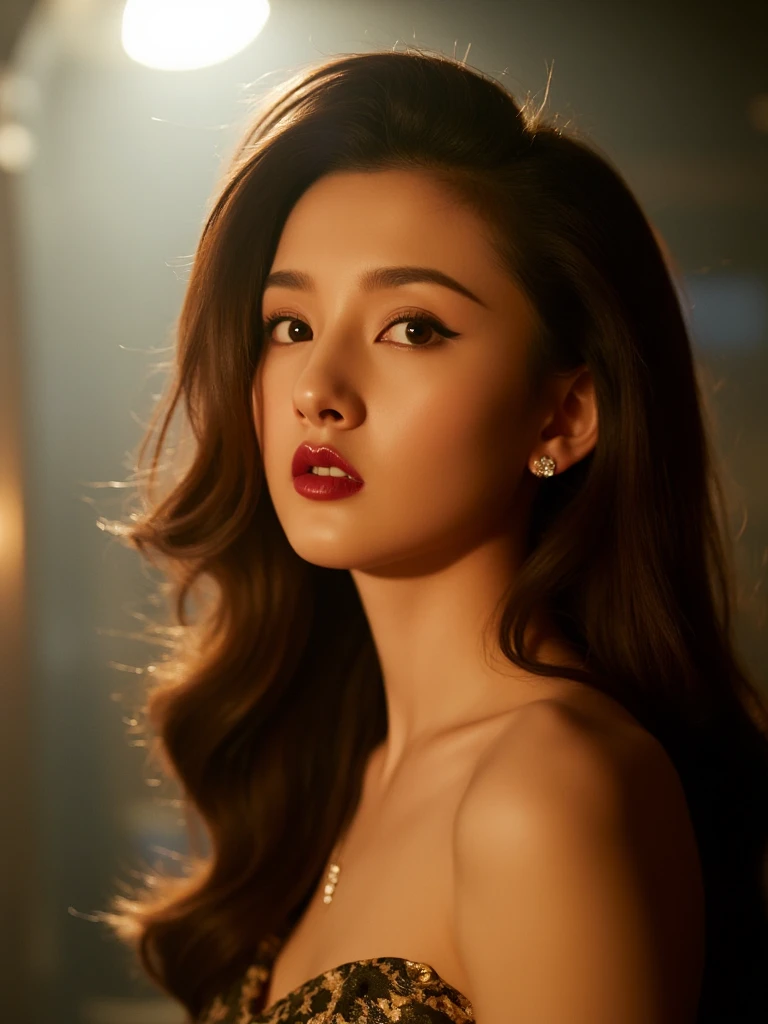 SZE,
In a noir-inspired scene, the camera focuses on SZE, a woman of striking beauty, her long brown hair cascading like a waterfall over one shoulder, framing her piercing brown eyes that hold a mysterious allure. Her lips are painted a bold red, a stark contrast to her pale skin, as she tilts her head slightly, revealing a delicate profile with a prominent nose and flecks of blonde highlights in her dark hair. The soft glow of a single spotlight illuminates her face, casting deep shadows on her chiseled jawline and high cheekbones, while the background fades into a smoky blur of 1940s New York City, suggesting a tense and sultry atmosphere that hints at hidden secrets.