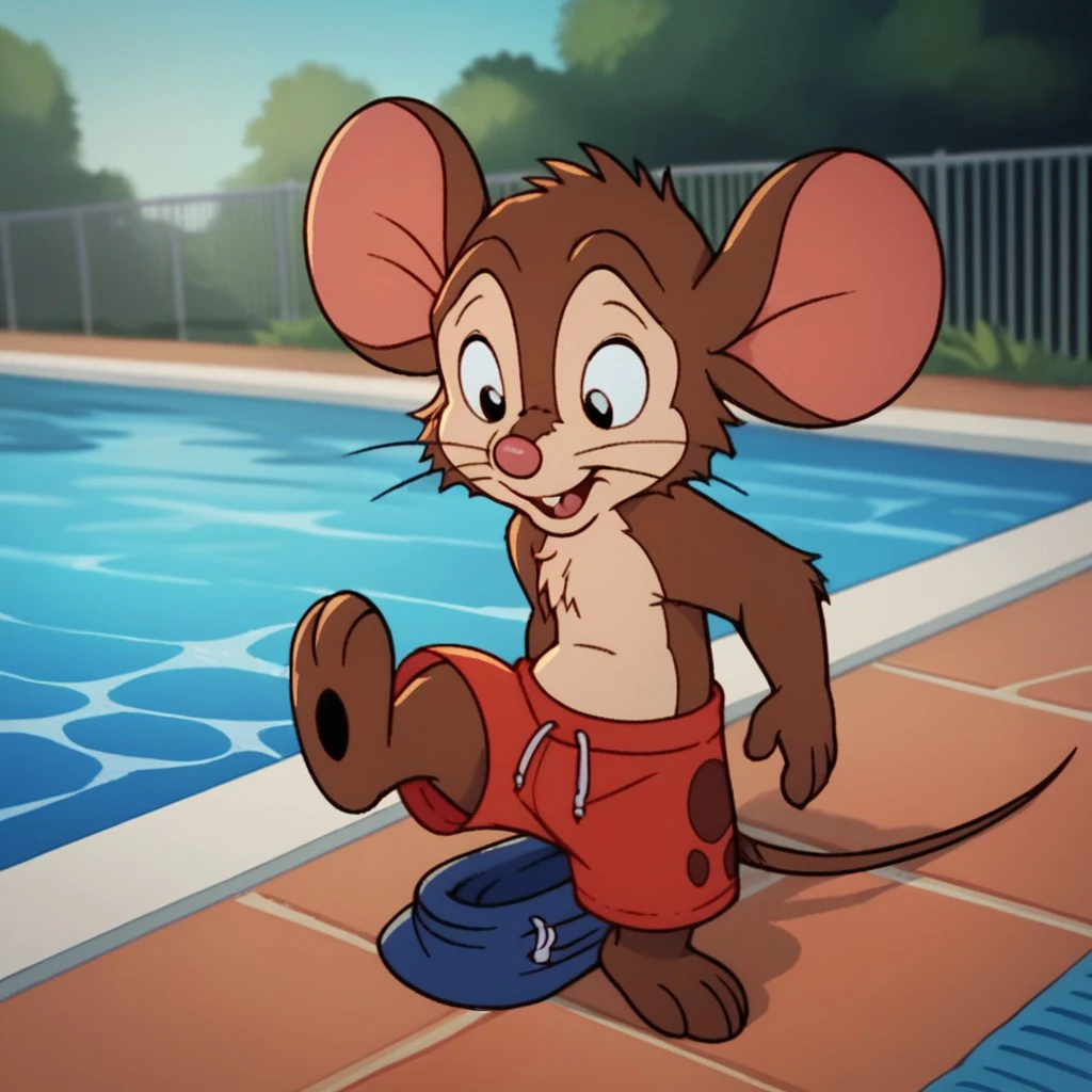 score_9, score_8_up, score_7_up, score_6_up, score_5_up, score_4_up, source_furry,  FievelM, young semi-feral, male, mouse, brown fur, solo,  swim trunks, by the pool, <lora:59d1b8b1-f96e-4b0d-8567-415d1a323cc8:0.7>