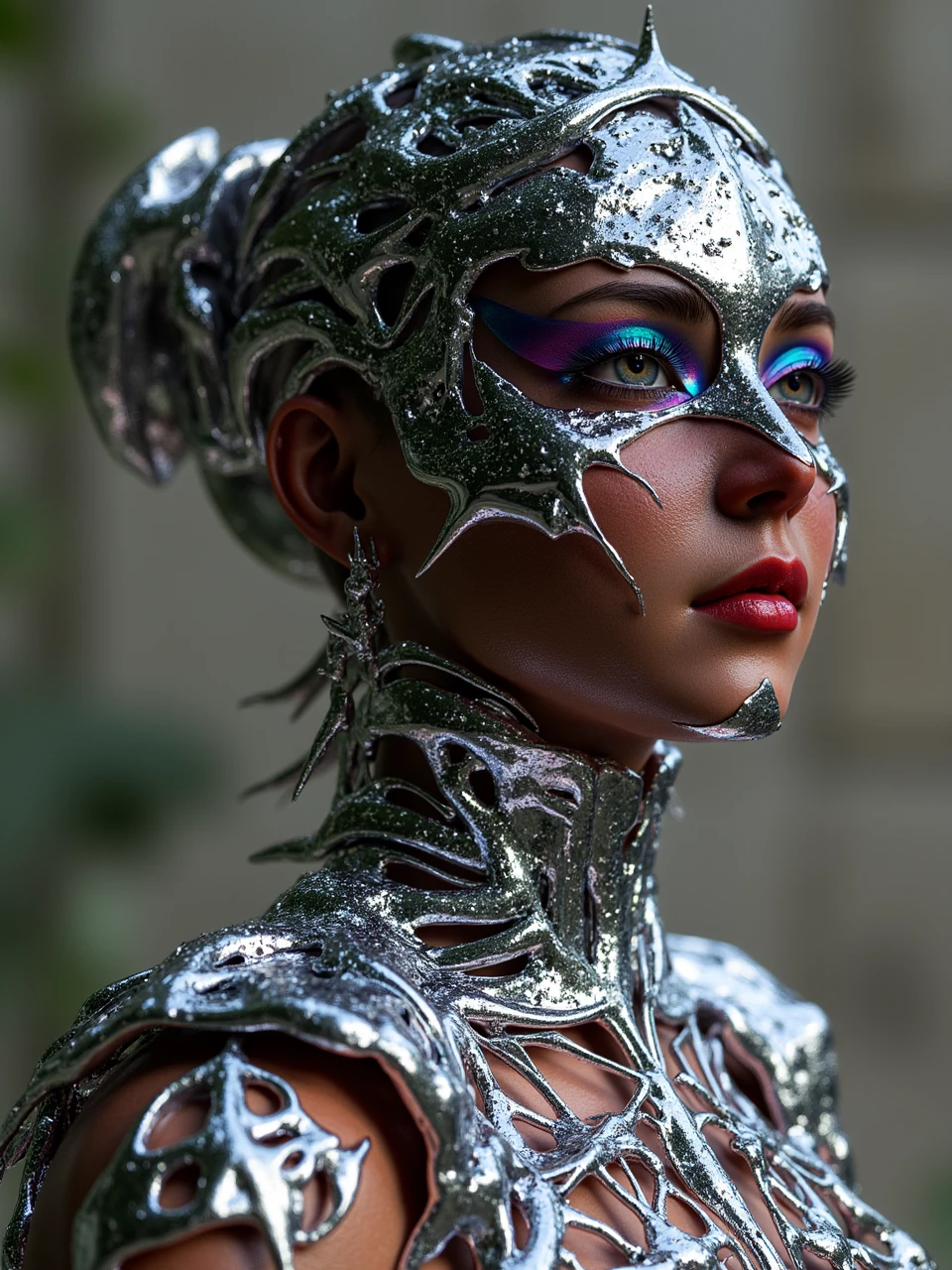 flowsliverexoskeleton,a dark and colourful skin female with Futuristic and silver-made outfit