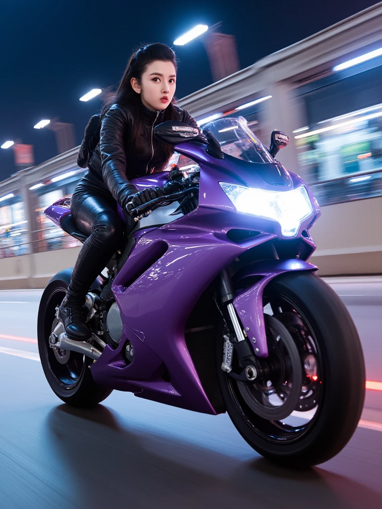 SZE,
Stunning anime, illustration of Japanese goth woman, riding Akira-style futuristic superbike, long dragster-style bred bike with fairing, racing at speed on cypberpunk superhighway, travelling very fast, neon lights, bokeh, extreme motion blur of the background, night