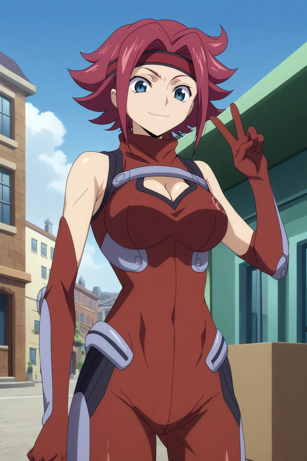  kallen kozuki,1girl,solo,short hair,looking at viewer,closed mouth,sleeveless turtleneck,bare shoulders,large breasts,bodysuit,pilot suit,red bodysuit,cleavage,flipped hair,red headband,peace sign,smiling BREAK outdoors,blue sky,city,tokyo_(city),    <lora:Kallen_Kozuki_-_Code_Geass.safetensors:0.8>