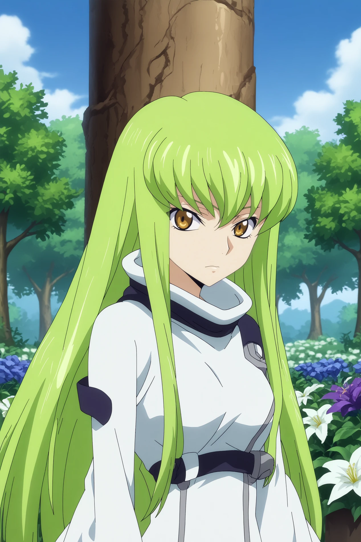  c.c,1girl,solo,mature,light green hair,long hair,bangs,looking at viewer,closed mouth,white bodysuit,straitjacket,very long hair BREAK outdoors,forest,ruins,purple tree,blue sky,purple flowers,flowers everywhere,flower_field,   Tilting head to the side with a flirtatious glance,  <lora:C.C_-_Code_Geass.safetensors:0.8>