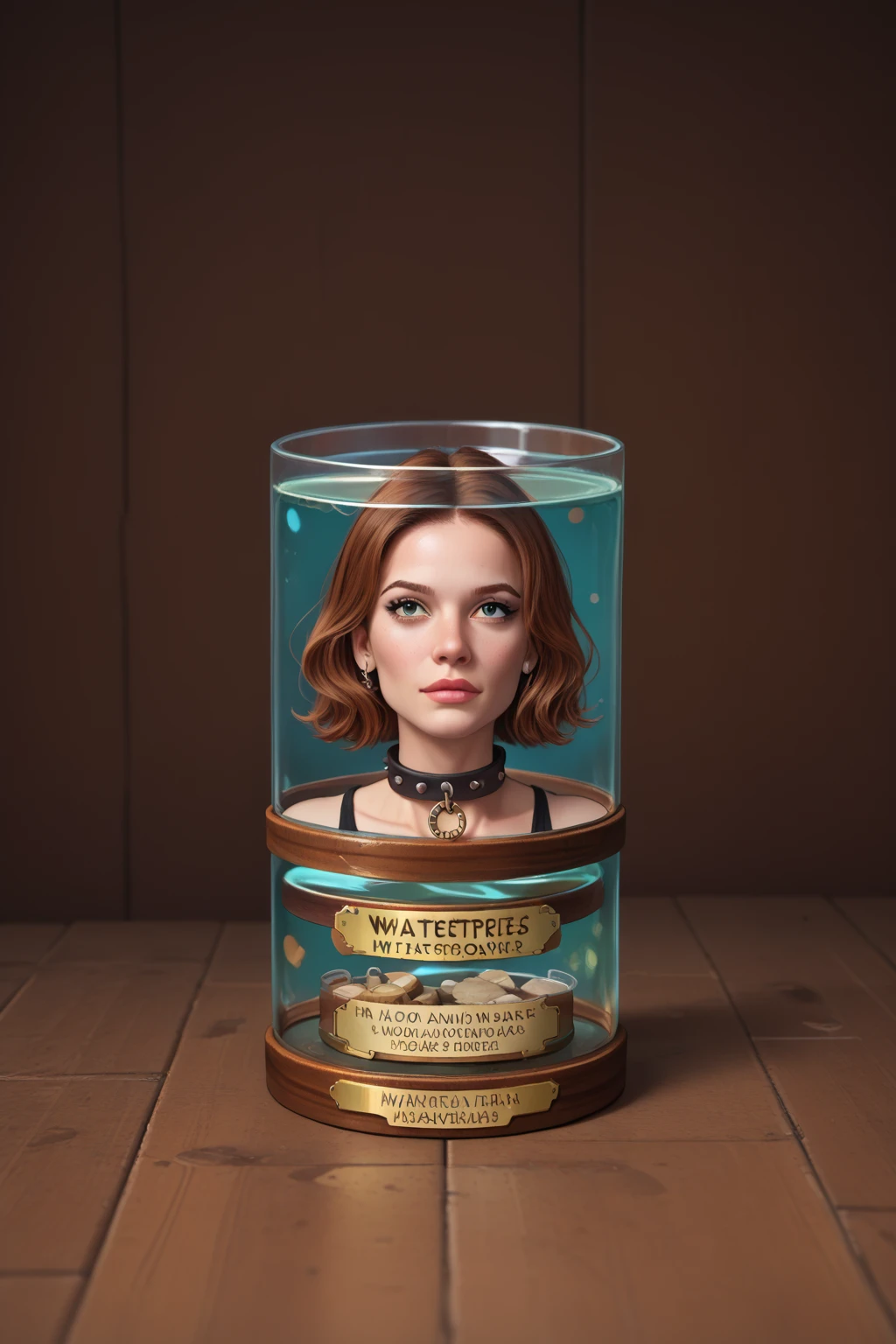 score_9, score_8_up, score_7_up, score_6_up, score_5_up, score_4_up, masterpiece, high quality, BREAK, full body, 1girl, BREAK, <lora:Futurama Jar Head:0.8> jar head, brown hair, english text, collar, head in jar,