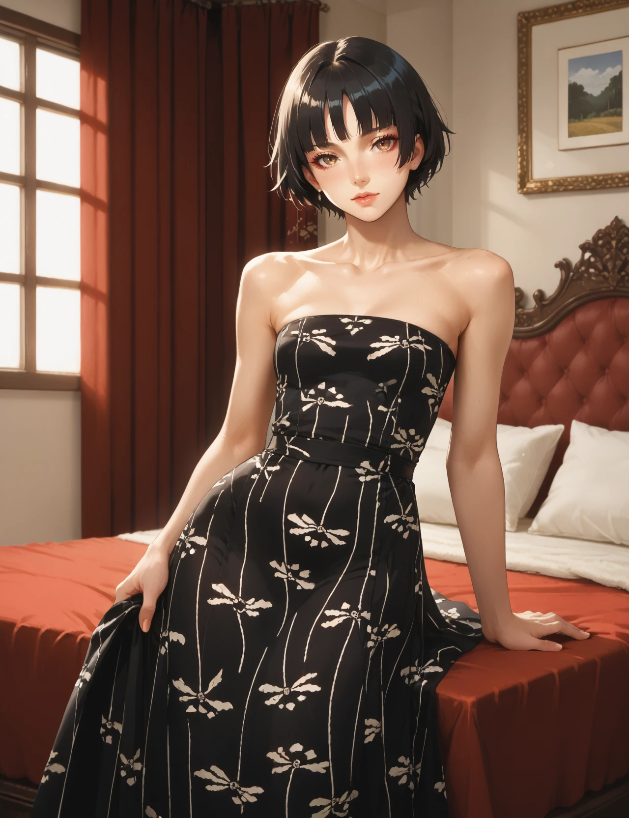 Score_9, Score_8_up,Score_7_up, Score_6_up,Score_5_up, Score_4_up, Source_anime, Rating_questionable, Persona_3 style, Shigenori_Soejima_Artwork, 1girl, bedroom, on canopy bed, black hair, bob cut, <lora:Chanel_Dragonfly_Dress_98:0.8> black dress, white pattern, print, bare shoulders, strapless, sexy pose, pineup, heels, sleeveless