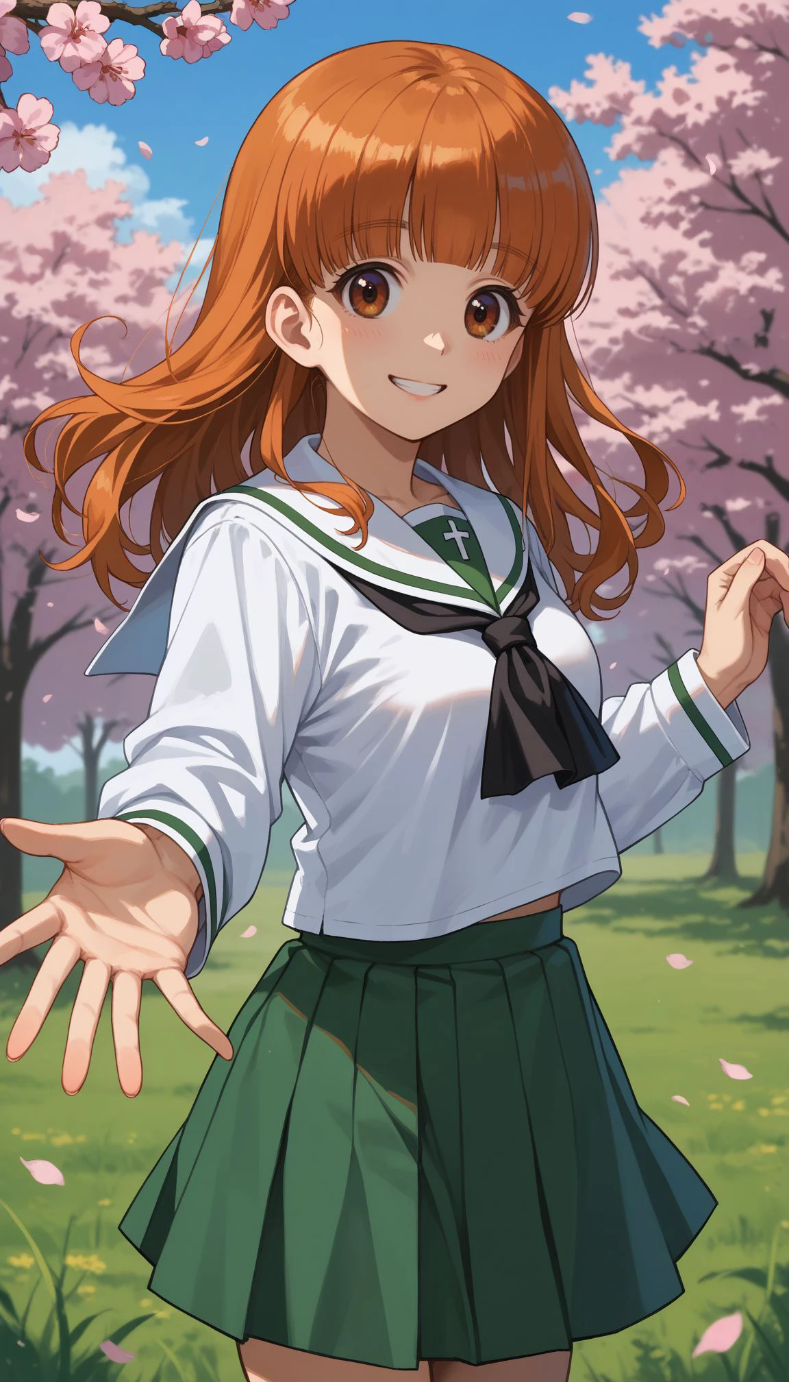 score_9, score_8_up, score_7_up, source_anime,
,outdoors,cherry blossoms,standing,cowboy shot,smile, flower field, reaching out, upper body, close portrait, 
 <lora:Takebe Saori:1> takebe saori, blunt bangs, long hair, orange hair,  ooarai school uniform,white sailor collar,black neckerchief,white shirt,long sleeves,green skirt,black socks,loafers