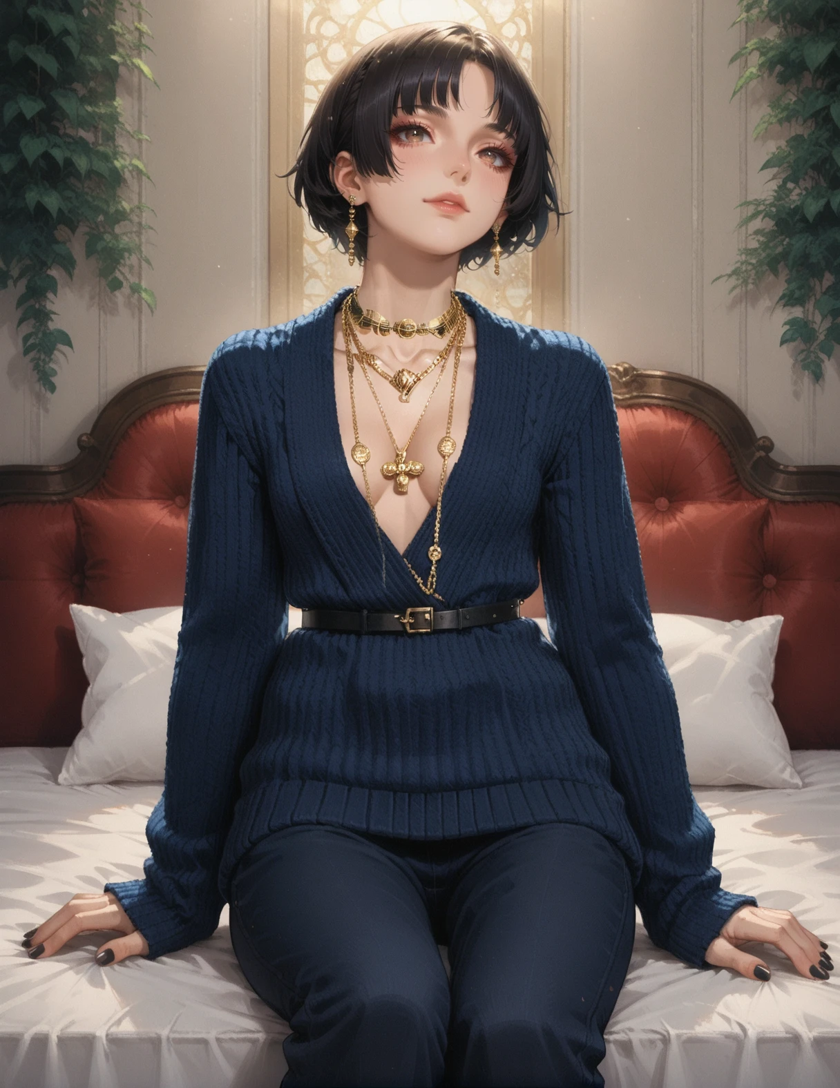 Score_9, Score_8_up,Score_7_up, Score_6_up,Score_5_up, Score_4_up, Source_anime, Rating_safe, Persona_3 style, Shigenori_Soejima_Artwork, 1girl, sit on bed, handbag, bag, black nails, black hair, bobcut, <lora:Chanel_Blue_Sweater_FW24-25:0.7> knit, blue sweater, gold jewelry, jewelry, cleavage, belt, (pants), necklace, no bra, plunging neckline, long sleeves, full-body,