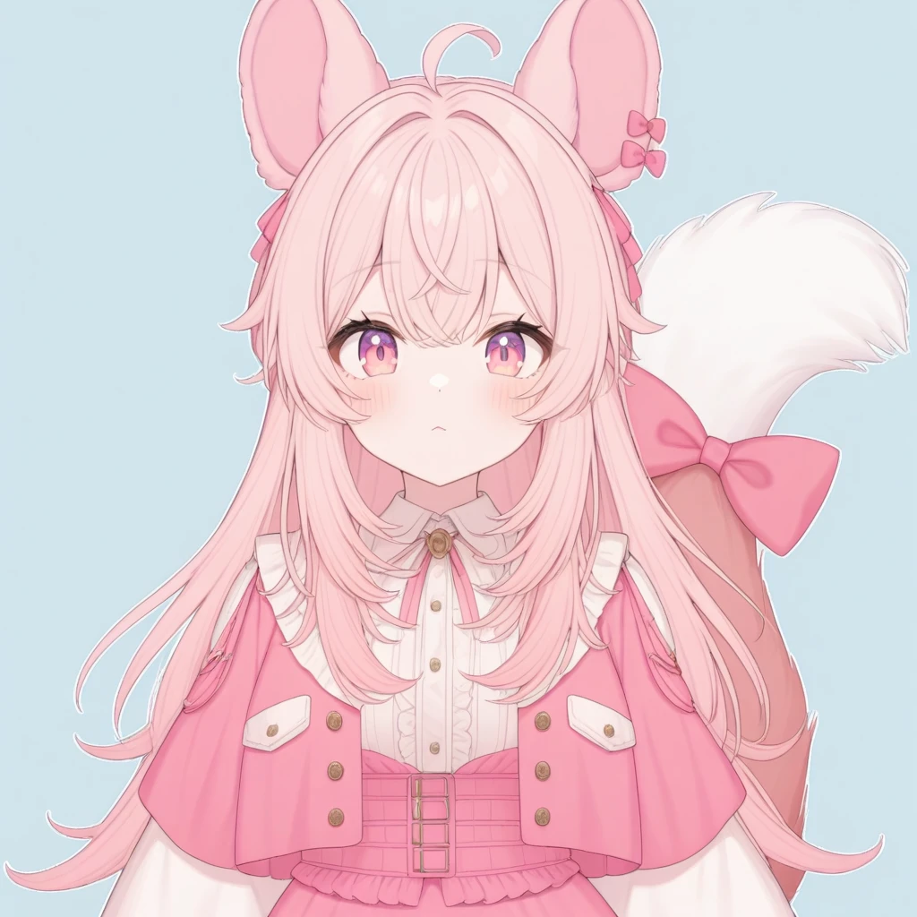 pipchilla, ahoge, animal ears, bow,  long hair, looking at viewer, pink bow, pink eyes, pink hair, shirt, solo, very long hair, tail, tail bow, virtual youtuber, 
masterpiece, best quality, very aesthetic, absurdres
portrait, straight-on, 
 <lora:PIPCHILLA-XL-t1:0.6>