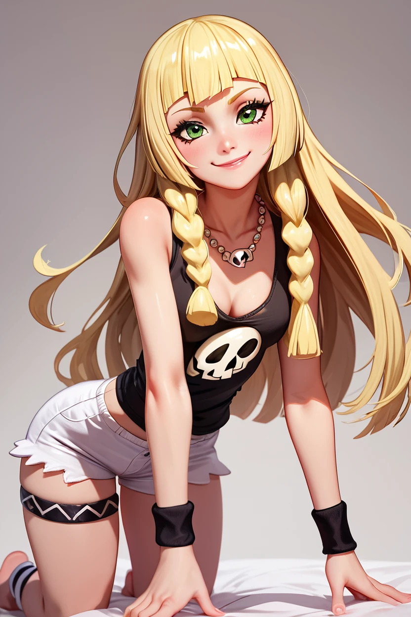 score_9, score_8_up, score_8, medium breasts, (curvy), cute, eyelashes,       BREAK, , zzSkullLillie, long hair, blonde hair, green eyes, smug, smirk, tank top, wristband, sleeveless, white shorts, shirt, jewelry, short shorts, thigh strap, skull necklace,  <lora:Skull_Lillie_PDXL:0.8>,  , BREAK, all fours, cleavage, smile, closed mouth, looking at viewer,  ,,, embedding:zPDXL, Expressiveh, ,,, <lora:BeautifulCAT_PDXL:0.8>, <lora:SDXLFaeTastic2400:0.5>, <lora:Expressive_H-000001:0.4>,