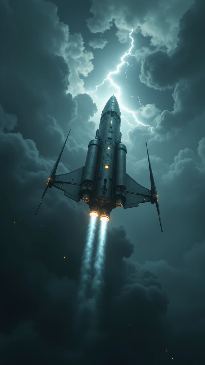 The sleek, metallic rocketship floats through the vast expanse of space, its engines glowing with an otherworldly light. Its crew, dressed in futuristic suits and helmets, Thunderstorm, Simple and Clean, natural lighting, by Jeremy Mann, Miles Johnston, Alasdair McLellan, Daniel Merriam, Peter Gric, Dariusz Klimcza,    , aidmafluxpro1.1