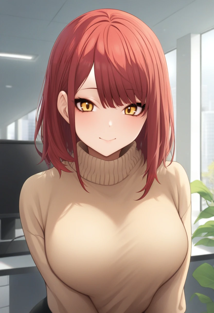 masterpiece, best quality, good quality, 1girl, solo, upper body, red hair, yellow eyes, indoors, office, office lady, sweater <lora:danimaru illustrious 004:1>