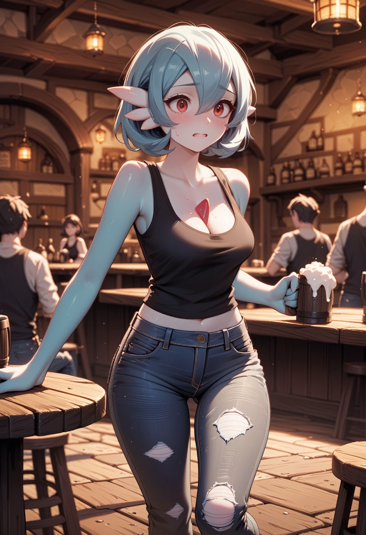 zPDXL3, score_9, score_8_up, score_7_up, score_6_up, score_5_up, score_4_up, 
1girl, solo, medium breasts, 
nervous, running,
black tank top, denim jeans, torn legwear, 
tavern,
<lora:Pkmn - Shiny Gardevior v1:1> pkshigar, cleavage,