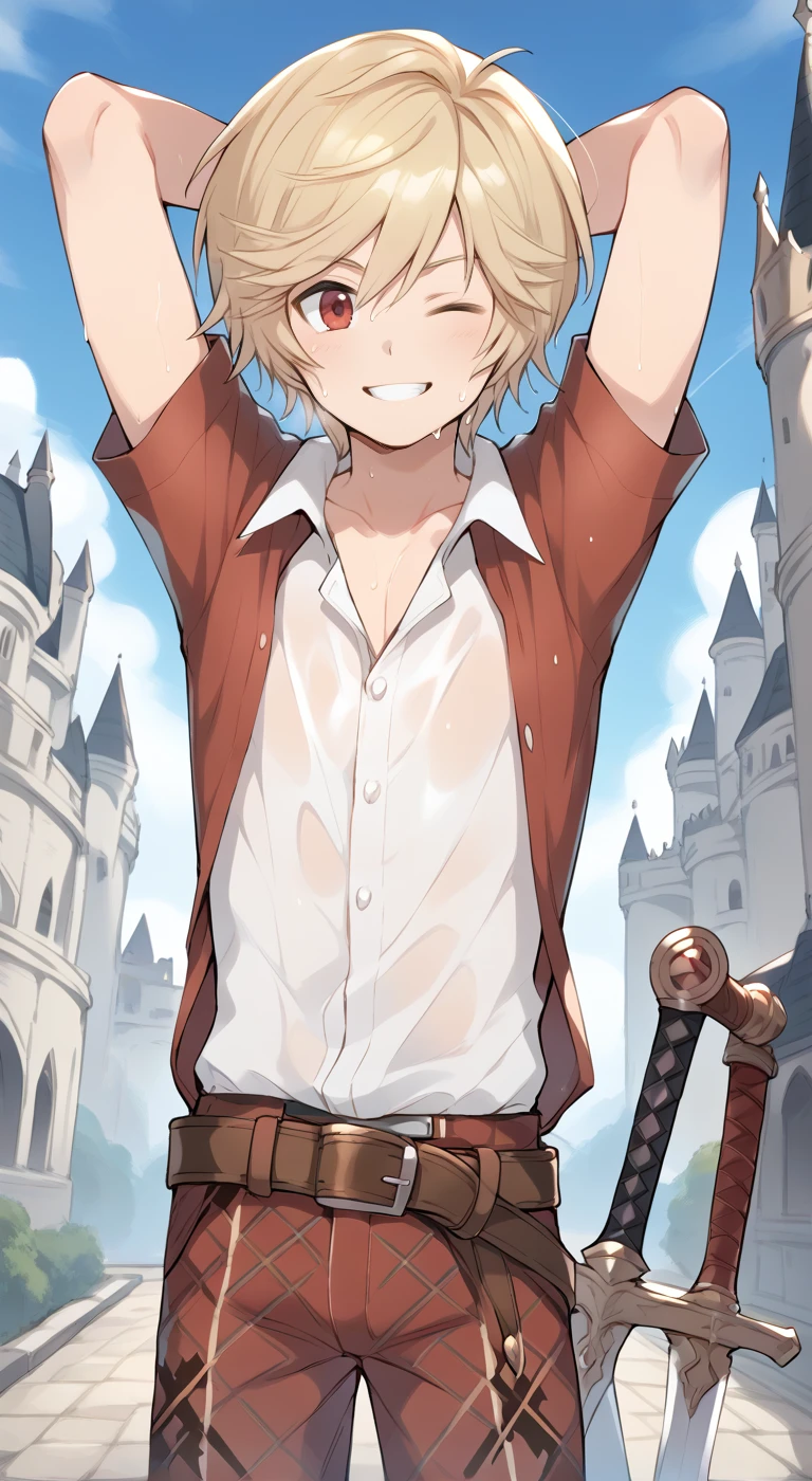 1boy,solo,male focus,arthur(granblue),blonde hair,red eyes,collared shirt,collarbone,smile,belt,pants,tartan pants,castle,outdoor,sword,holding sword,sweaty,arms behind head,one eye closed