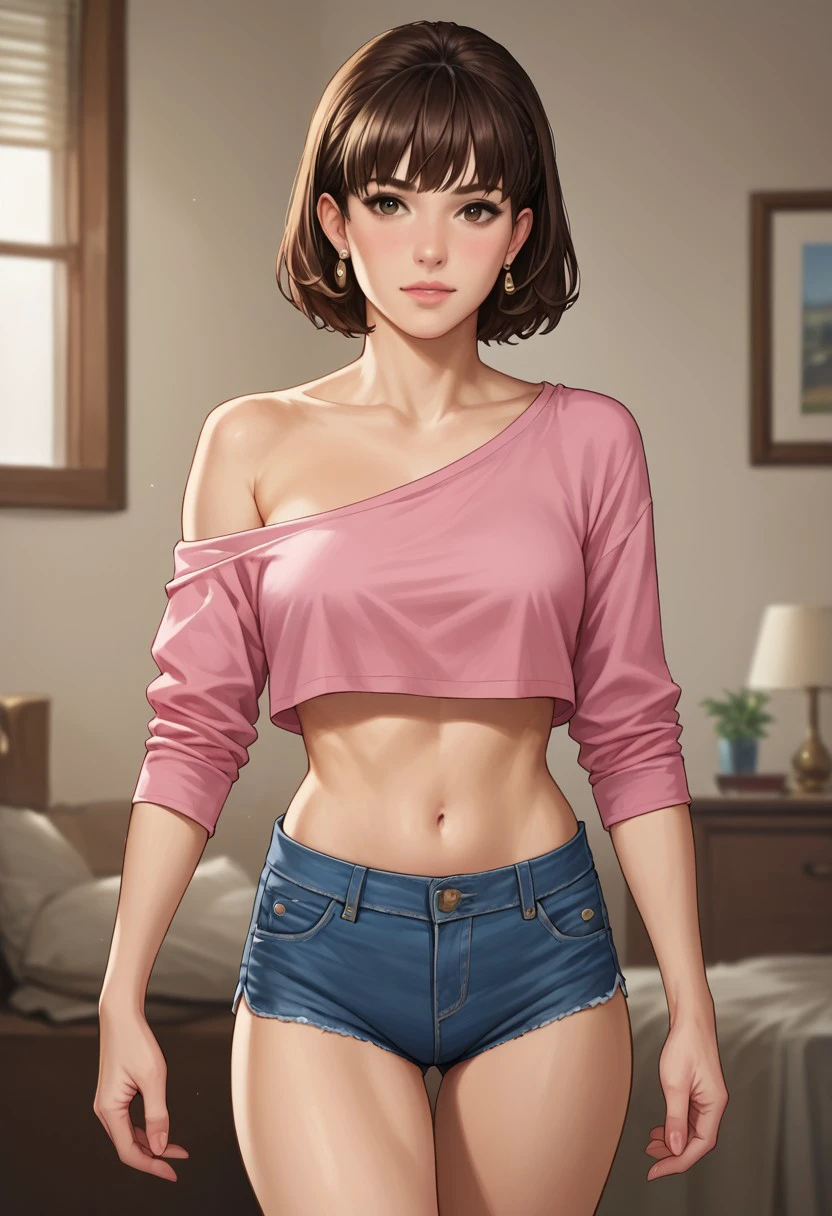 Score_9_up, score_8_up, score_7_up, source_realistic, cowboy shot, BREAK 1girl, Tiffany, brown hair, short hair, bangs, crop top, off the shoulder, collarbone, midriff, denim shorts,