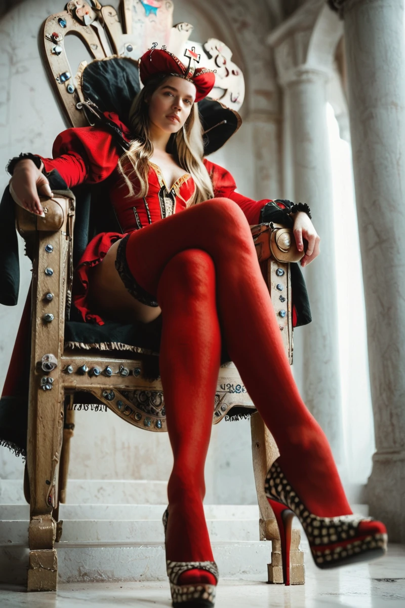 hires digital photo, photorealism, simple white background, full body, from below, 3m@nn3u3lle, sitting on throne, legs crossed, red and yellow strapless dress, red and black detached puffy sleeves, crown, (high-collared cloak:1.2), ruff, red thighhighs, high heels <lora:EmmanuelleVonLiebwitzV3PonyXL:0.8>, PonyXL_Scores, intricate details, high resolution,