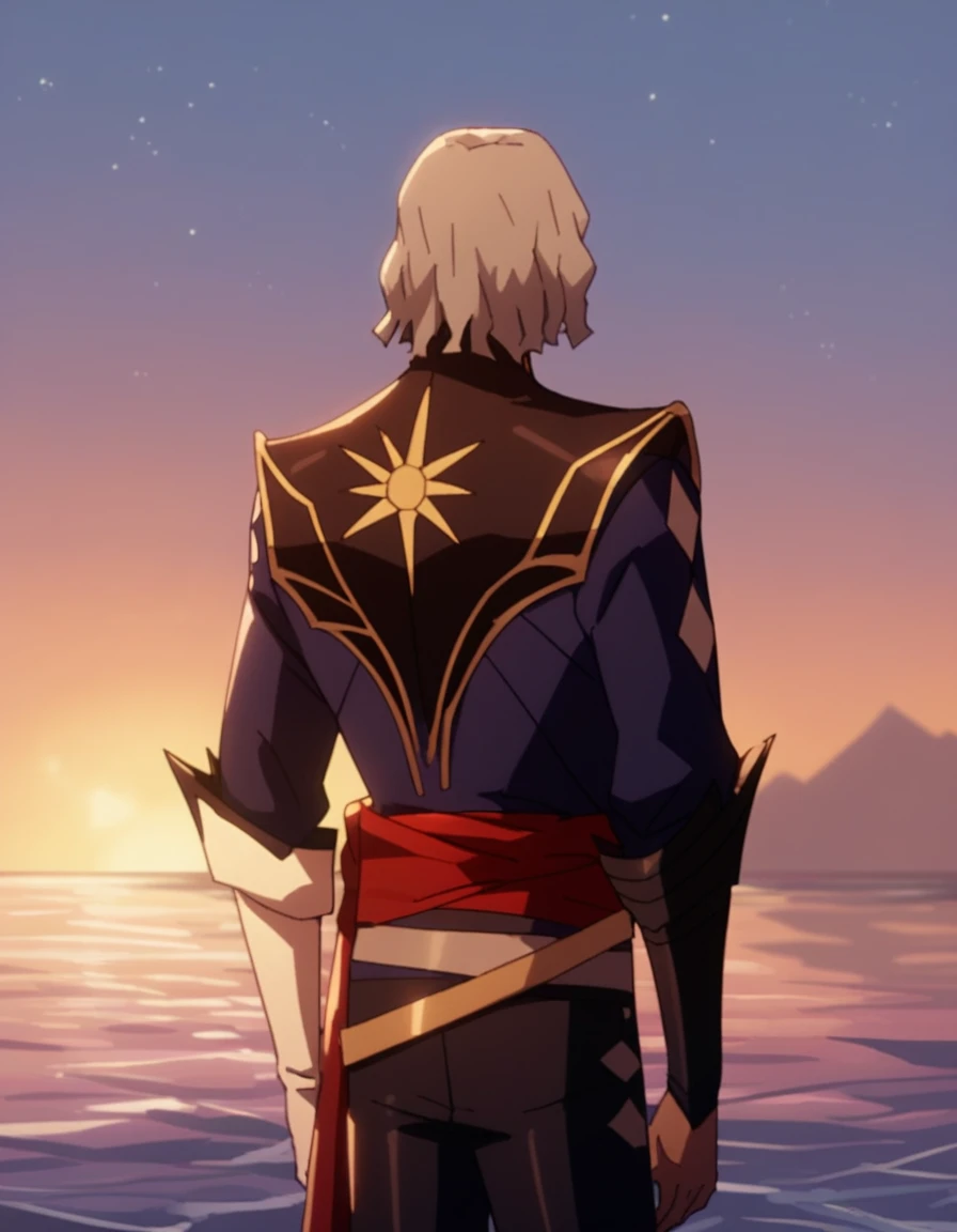 score_9, score_8_up, score_7_up, score_6_up, score_5_up, source_anime, 1boy, solo, grey hair, wavy hair, white glove, black armguard, belt, standing, facing away, from behind, upper body, star on back \(pattern\), on cape, ocean, sunrise,  <lora:Hector_Castlevania:0.9> hec70rs2,