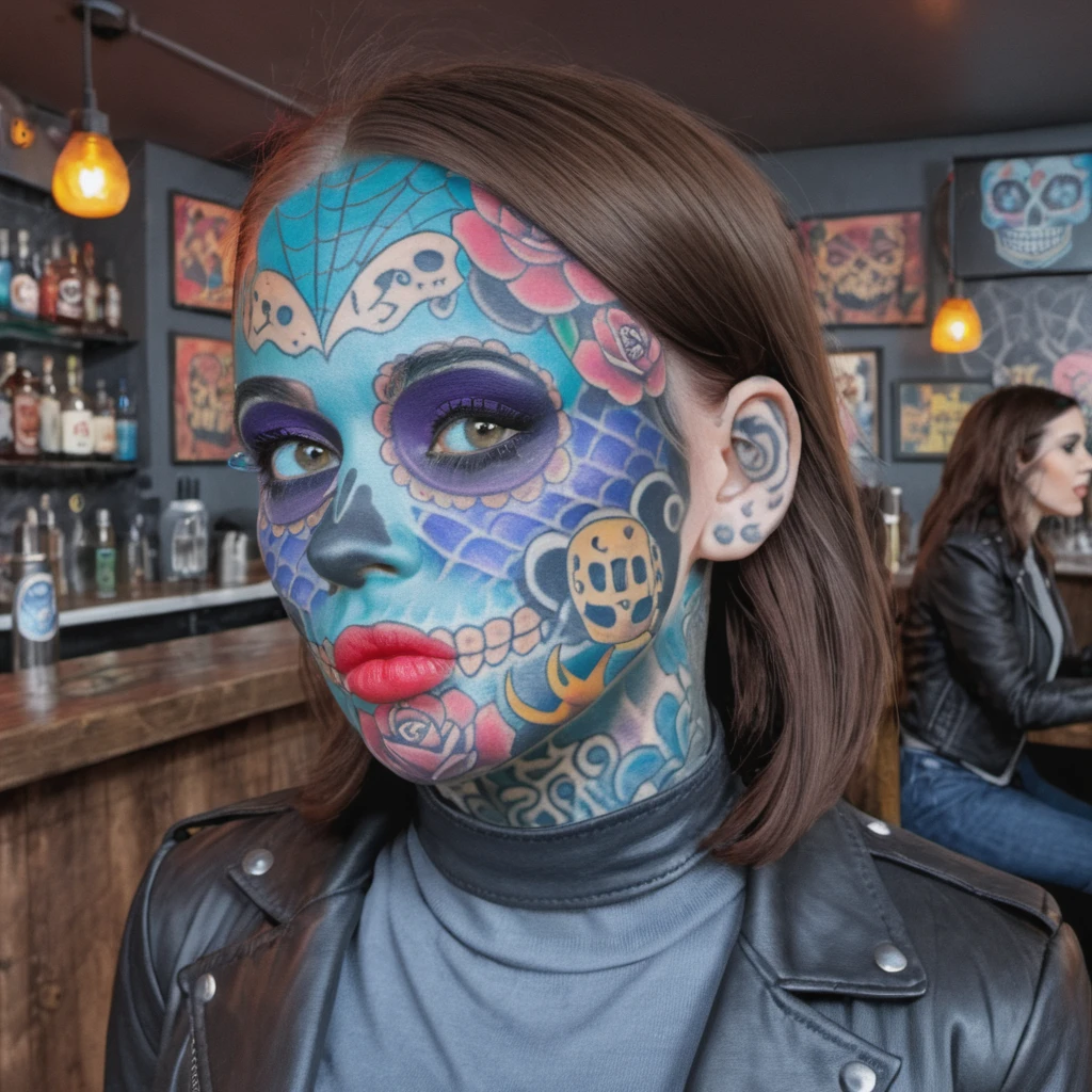 a woman with sugarskullfacetattoo in an bar  <lora:sugarskullfacetattoo_SDXL:1> wearing a leather jacket