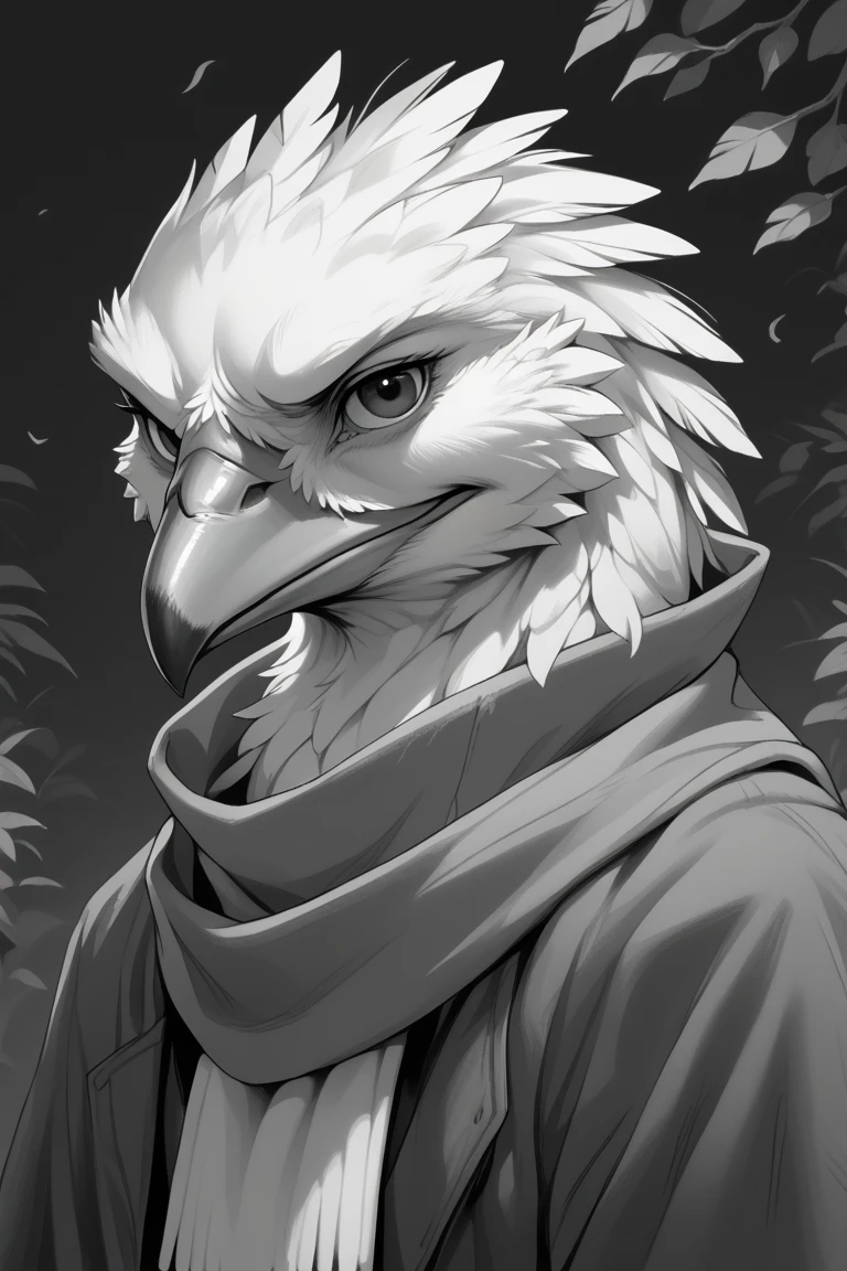 score_9, score_8_up, score_7_up, score_6_up, by redraptor16, avian, bird, animal focus, solo, beak, outline, black eyes, scarf, feathers, looking at viewer, monochrome, greyscale