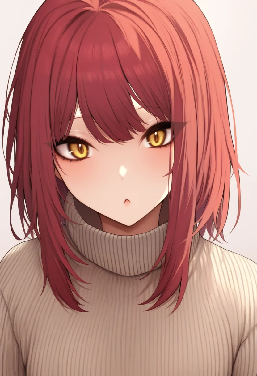 masterpiece, best quality, good quality, 1girl, solo, upper body, red hair, yellow eyes, sweater, closed mouth<lora:danimaru illustrious 004:1>