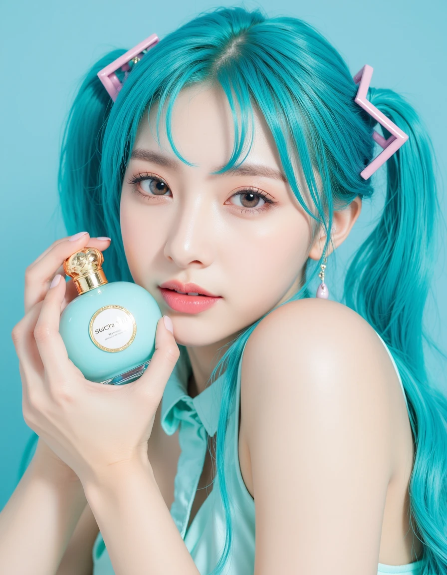 SuchSkin, deblur, 32K portrait of Hatsune Miku, photo studio, cosmetic portrait shooting. holding luxury teal perfume bottle labeled "SuchSkin" near her face.