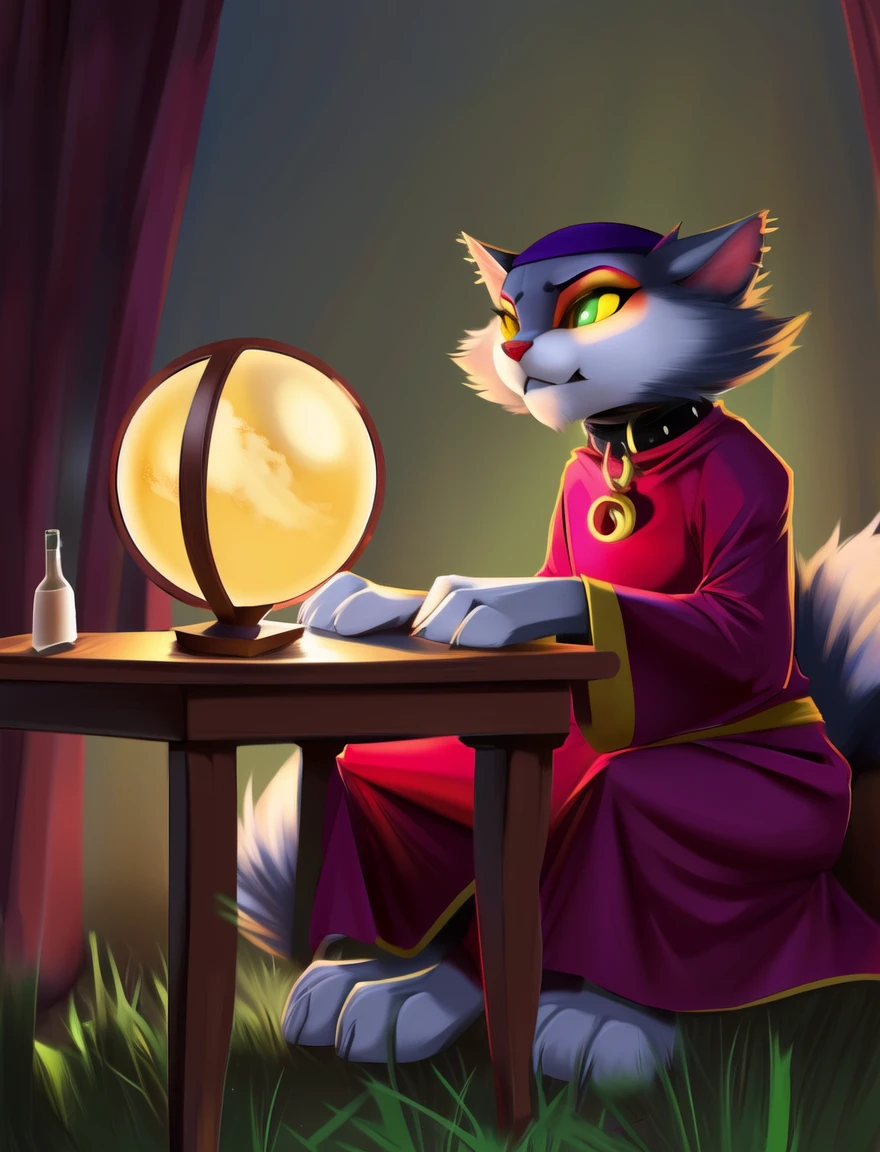 msfortune, female, cat, collar, bandana, yellow sclera, ring piercing, dress, makeup, sitting behind table, crystal ball, grassy field, by thefuckingdevil, <lora:MsFortune_03-YiffyMix-nd064-ep26:1>