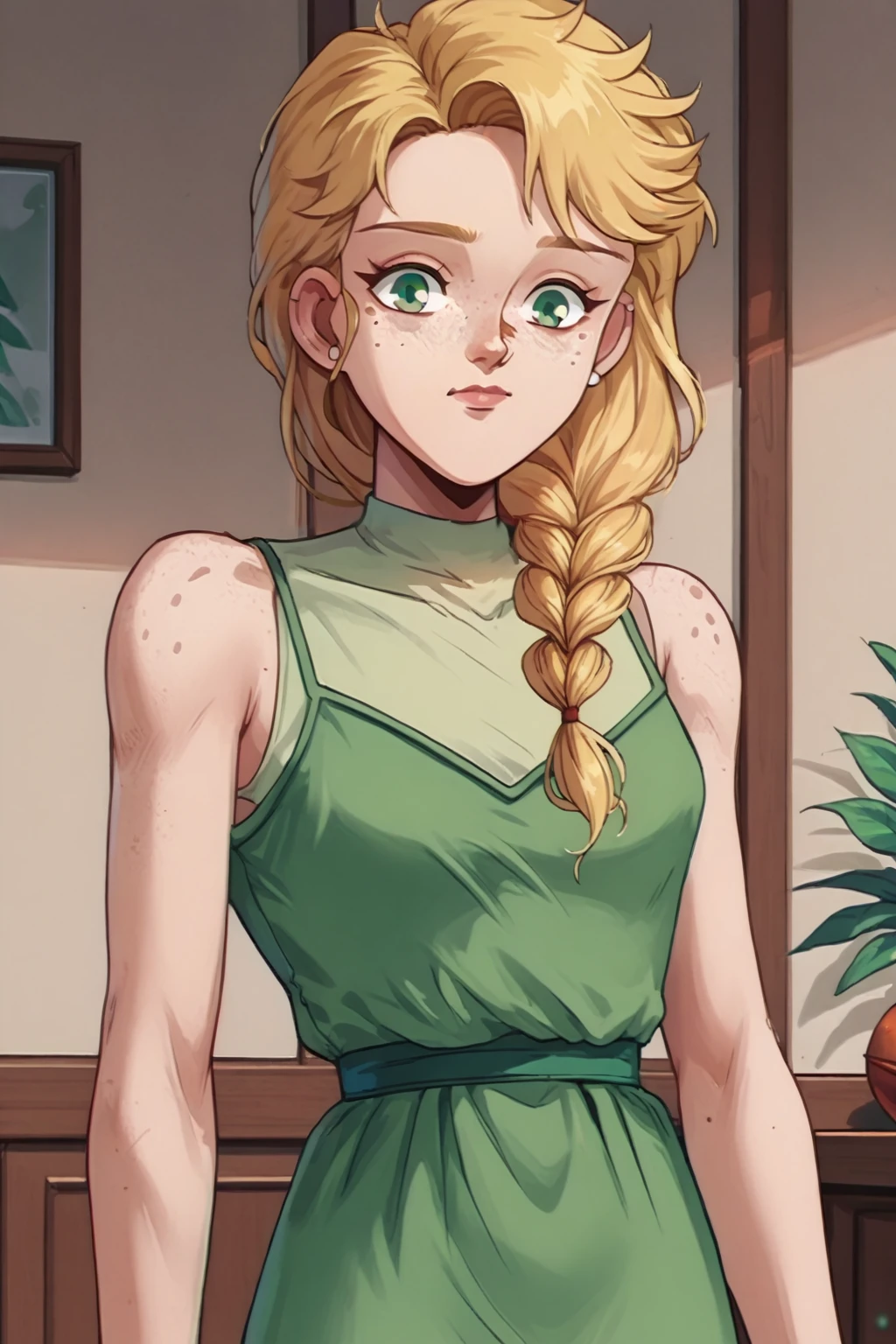 score_9, score_8_up, 1girl, solo, <lora:NSEmilyPortia:1> NSEmilyPortia, green eyes, blonde hair, single braid, long hair, stud earrings, freckles, green dress, sleeveless, indoors, ball room