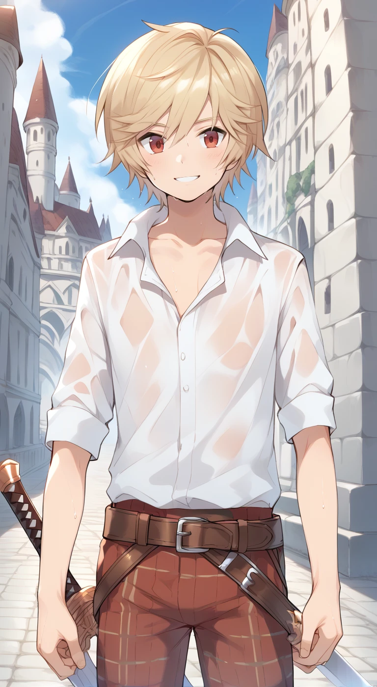 1boy,solo,male focus,arthur(granblue),blonde hair,red eyes,collared shirt,collarbone,smile,belt,pants,tartan pants,castle,outdoor,sword,holding sword,sweaty