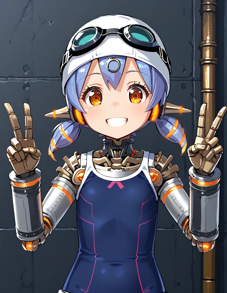 poppi, school swimsuit, swimcap, goggles, 
broad smile, double v, v, 
 <lora:poppi_alpha_xenoblade_2-000010:1>