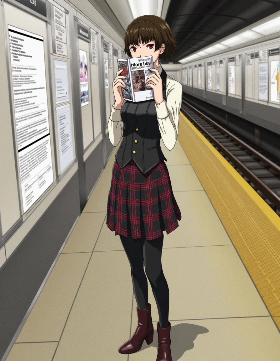 <lora:persona5_niijima_makoto_flux_v2_2-000011:1>
niijima_makoto She is dressed in a black and red plaid skirt that has a pleated design, paired with black tights. Her top consists of a high-collared, white long-sleeve shirt underneath a black fitted vest with gold buttons. She completes the look with dark brown ankle boots that feature a front zipper. She is standing in a subway walkway, holding a magazine with both hands in front of her face, trying to cover her face, but her eyes gleams through the gap.
Anime style., Anime style, sharp, high contrast and highly detailed. Ghibli anime style. Perfect anatomy. Perfect body ratio. No oversized head. No blurry, out of focus pictures. No simple background, no single color background.