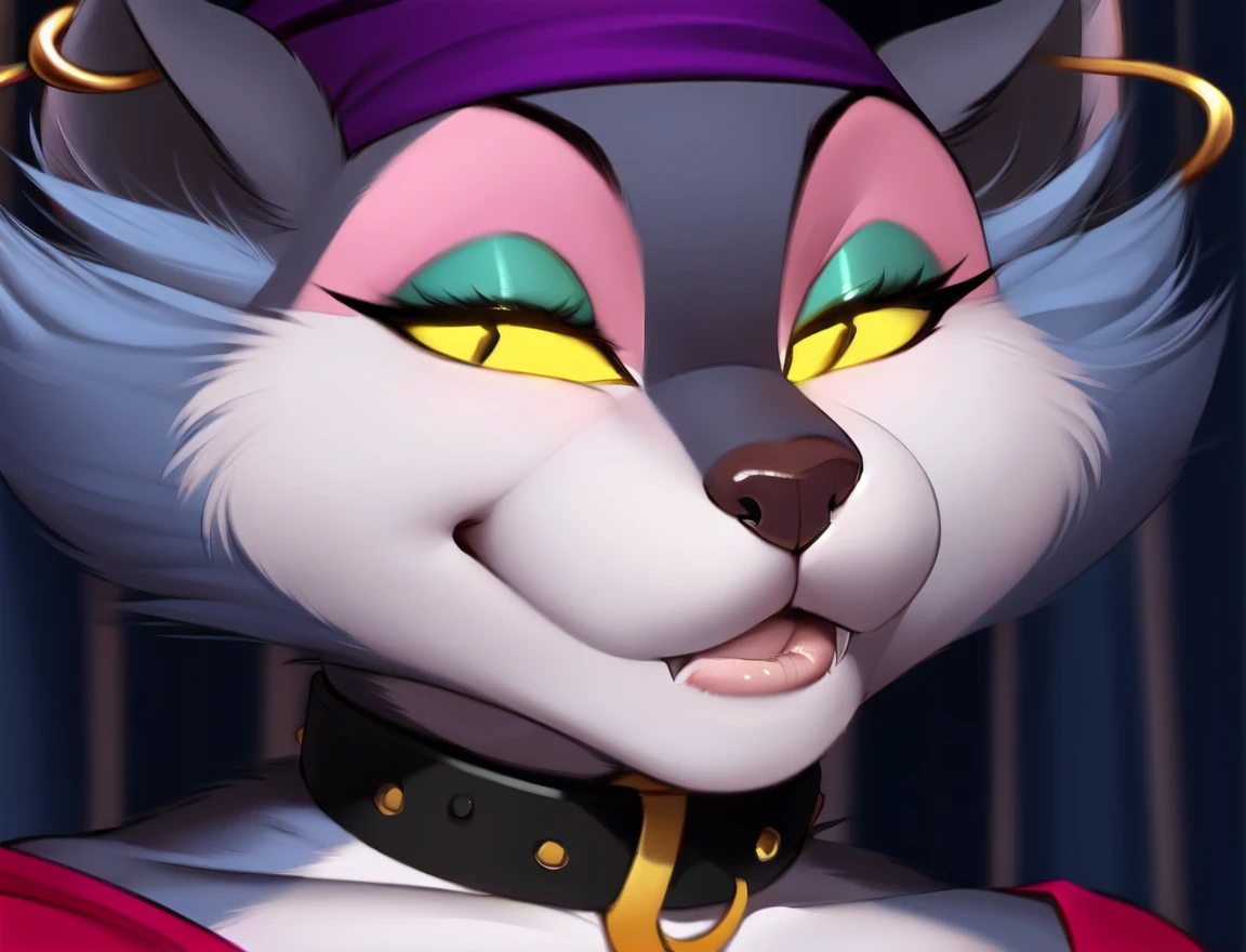 msfortune, female, cat, collar, bandana, yellow sclera, ring piercing, dress, makeup, close-up, bedroom eyes, , by smiju, <lora:MsFortune_03-YiffyMix-nd064-ep26:1>