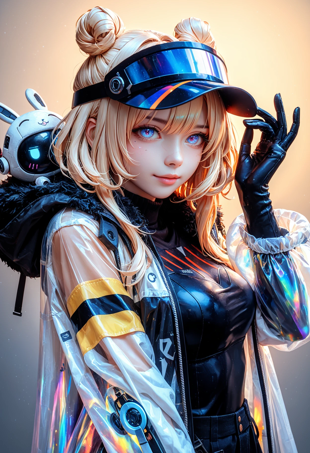 masterpiece, best quality, amazing quality, very aesthetic, absurdres, year 2023, onineko, tianliang duohe fangdongye, wlop, ciloranko, ask \(askzy\), miv4t, 1girl, android, simple, background, gradient background, see-through coat, iridescent, visor