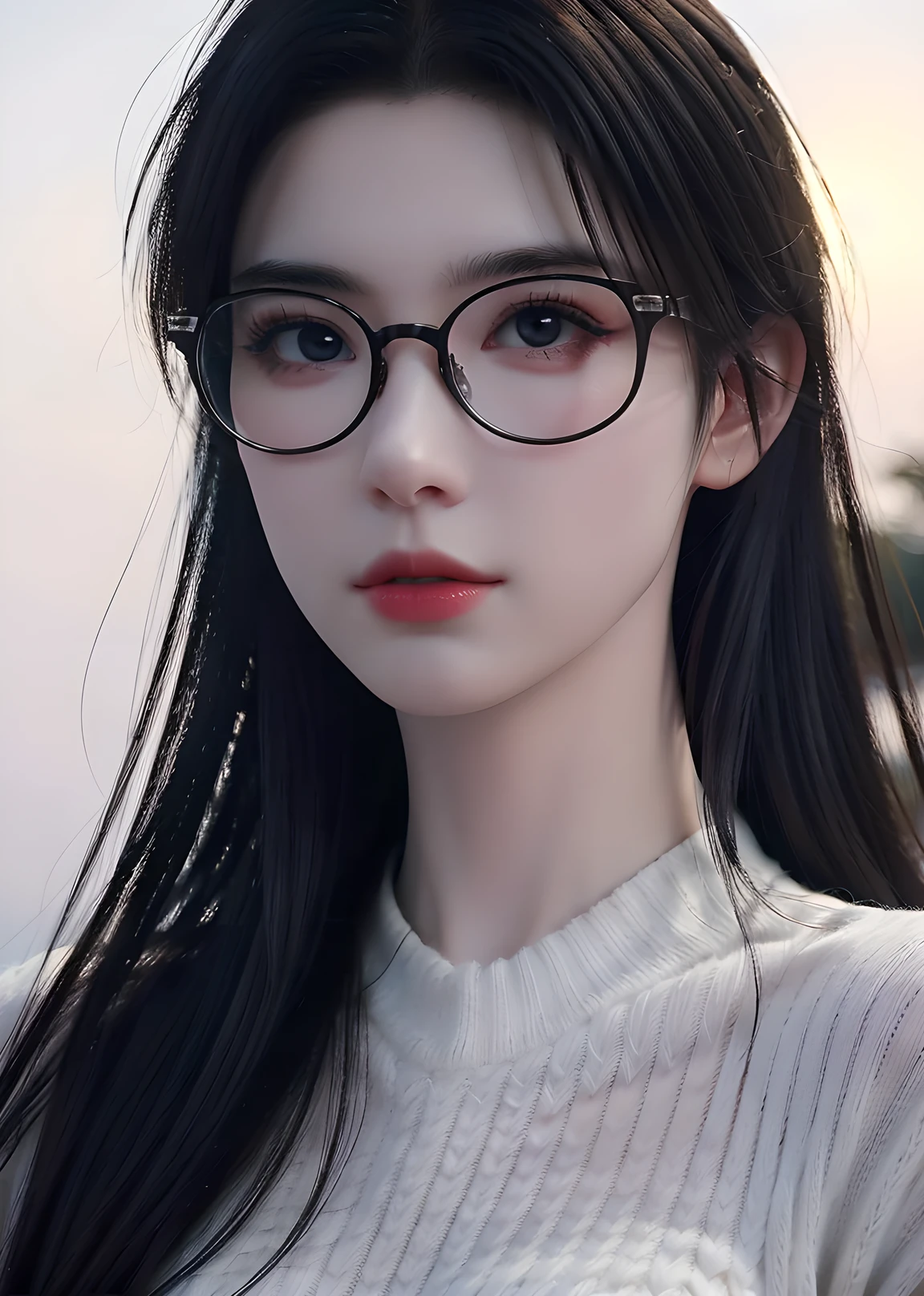 1girl,solo,long hair,((black-framed eyewear)),happy,(white sweater),looking at viewer,outdoors,sunset,scenery,eye focus,((close-up)),((blurry)),depth of field,simple background,comic,Highly detailed,(ultra-detailed),(best quality,masterpiece:1.5),<lora:xuner:0.6>,