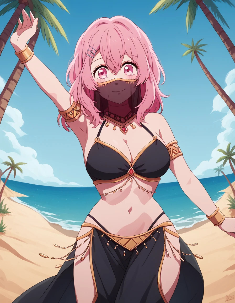 score_9, score_8_up, score_7_up, source_anime, <lora:minami-kotobuki-s1s2-ponyxl-lora-nochekaiser:1>, minami kotobuki, long hair, bangs, hair ornament, hair between eyes, pink hair, hairclip, medium hair, pink eyes, large breasts,, <lora:arabian-clothes-ponyxl-lora-nochekaiser:1>, arabian clothes, dancer, mouth veil, belly dancing, veil, armlet,, desert, oasis, palm tree, water, dancing, smile, blush,, , cowboy shot, dutch angle,