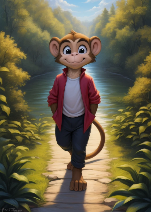 <lora:MrNilPipLonYif:0.8>  MrNilPipLon, monkey, white t-shirt, red jacket, black pants, ( chibi, small body,)
Looks at the viewer, [ solo, nature, forest, day, clouds, waterfall, nude, naced,] ((walking, view from above,))
beautiful, aesthetic, perfect, delicate, intricate, saturated colors, masterpiece, digital drawing, best quality,  
[by personalami], by smitty g, [[[by Foxovh]]], [[by Ross Tran]]