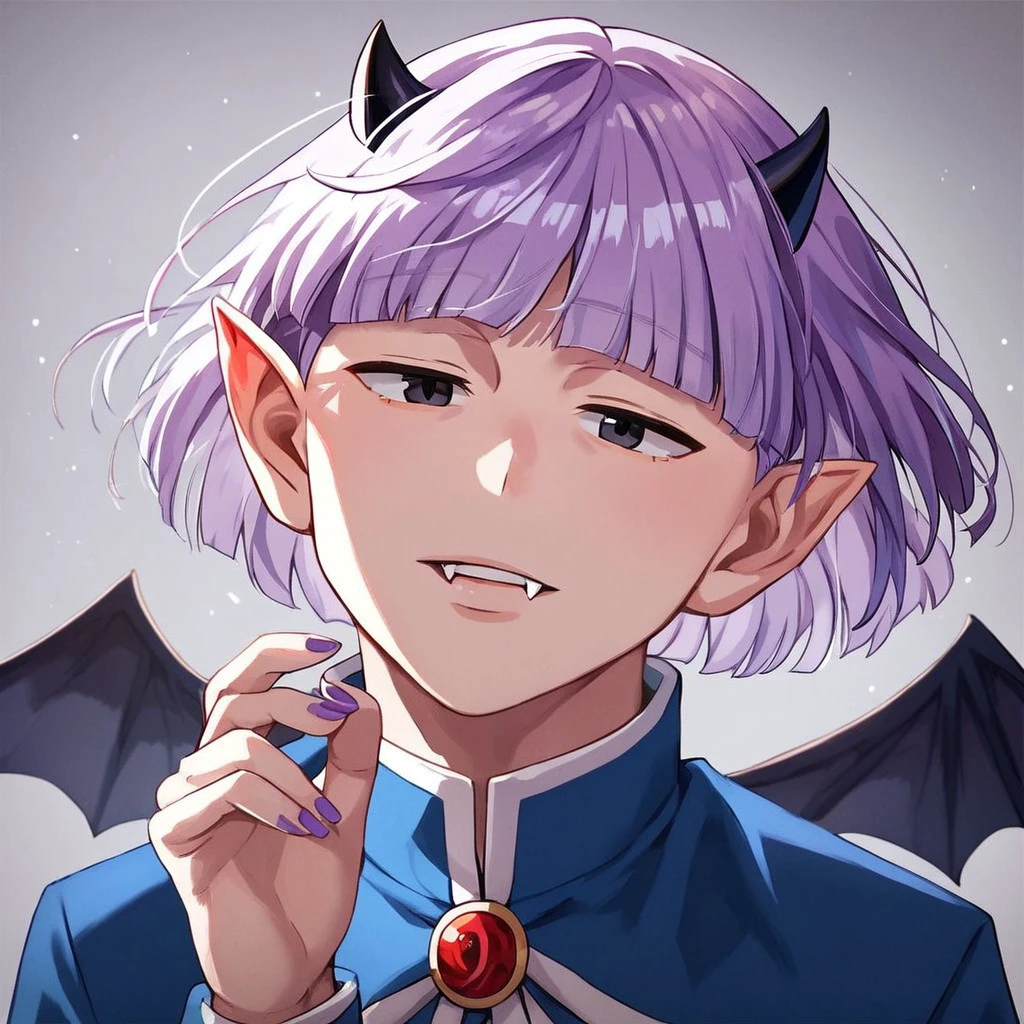 (masterpiece), score_9, score_8_up, score_7_up, score_6_up, score_5_up, score_4_up, source_anime, 1boy, solo, Purson Soi, purple hair,  black eyes, horns, wings, fangs, pointy ears, purple nails, blue school uniform, looking at viewer, expressionless