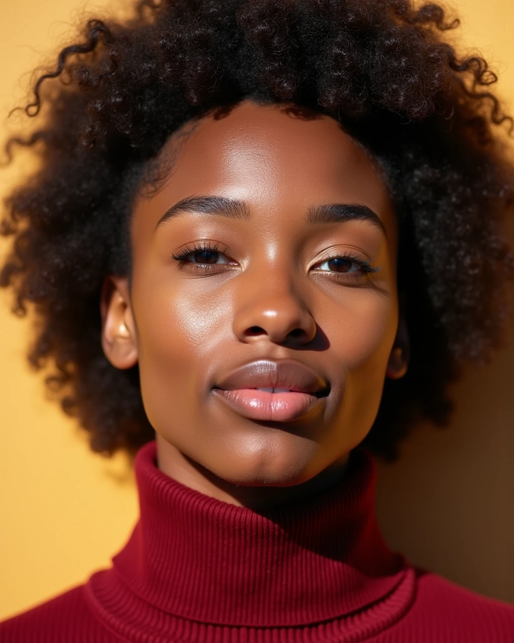 black woman,college freshman, close up portrait photo, wearing a dark red sweater ChinFixer-2000 style , outdoor bright sunlight, flat tan background, close up on chin<lora:Flux\chinfixer-2000.safetensors:0.0:0.0>