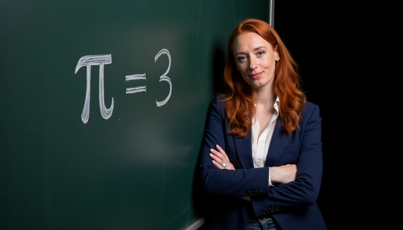 A photo of hannahfry, a woman. She has long auburn hair. She has a neutral expression on her face. She is wearing a white blouse and a formal blue jacket. She is crossing her arms while holding a piece of chalk. She is leaning against a greenish chalkboard. On it a white pi symbol is handwritten with white chalk next to the text \"= 3\". The text is underlined three times. The background is black.