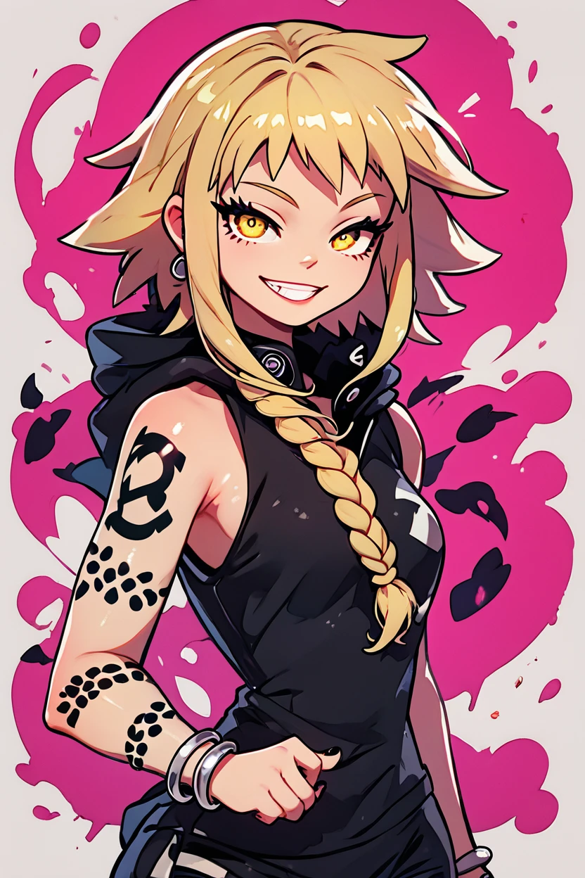 score_9, score_8_up, score_8, medium breasts, (curvy), cute, eyelashes,       BREAK, , zzMedusa, blonde hair, long hair, braid, yellow eyes, tattoo,  hood, jewelry, bracelet, sleeveless, nail polish, hoodie, braid, black nails,  <lora:Medusa_SoulEater_PDXL_v2:1.0>, BREAK, smile, looking at viewer, cowboy shot, ,,, embedding:zPDXL, Expressiveh, ,,, <lora:CuteToonPDXL:0.8>, <lora:SDXLFaeTastic2400:0.5>, <lora:Expressive_H-000001:0.4>,