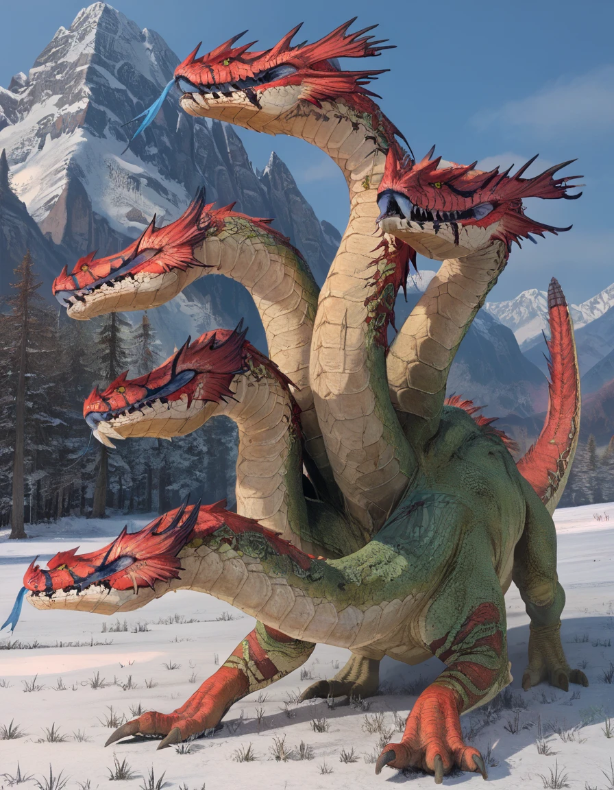 score_9, score_8_up, score_7_up, full body, snow, mountain,
WarHydra, monster, heads, teeth, tail,
 <lora:WarHydra_PonyXL:0.8>