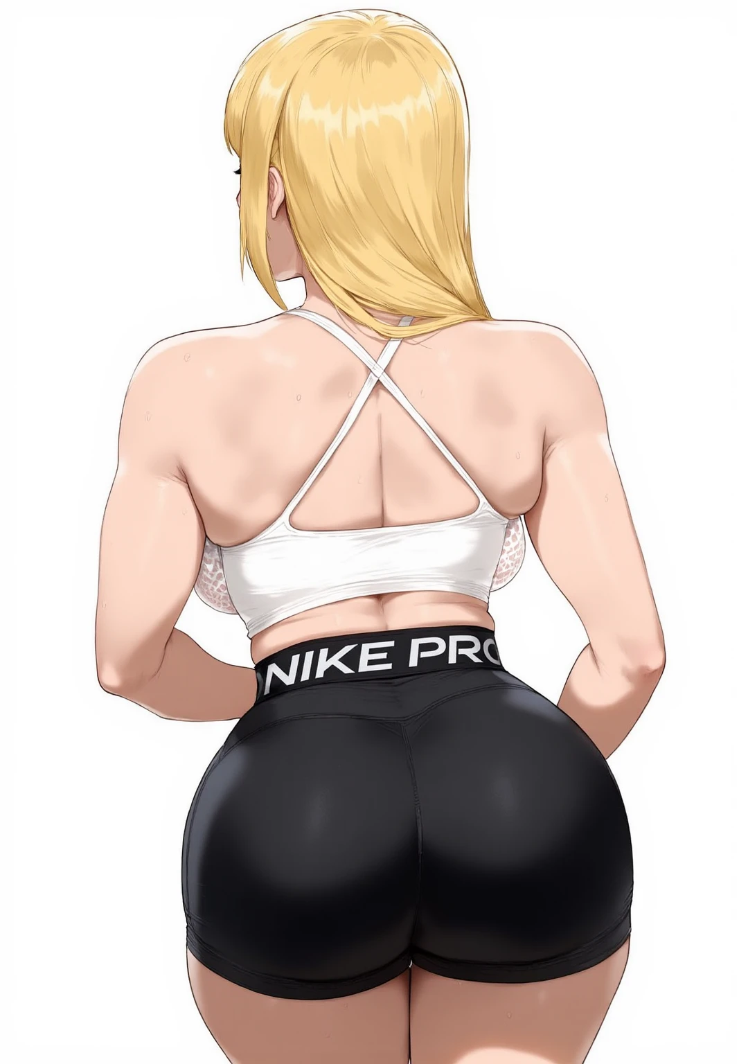 a 2D anime style blonde confident attractive woman wearing a white strappy lace leotard bodysuit and skin-tight black n1k3pr0 shorts, featuring a thick black waistband with the text in white reading: "NIKE PRO". she and her shorts are shown on their own against a plain background, from behind, skin-tight shorts, bubble butt, rear view, digital art, anime style, anime art