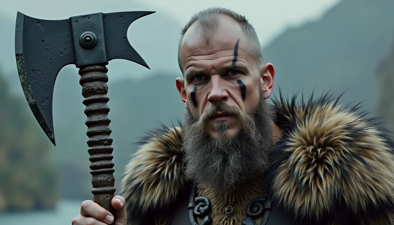 the Viking Floki with eyes made up for battle, with Viking axe in hand and bear skin on his shoulders,