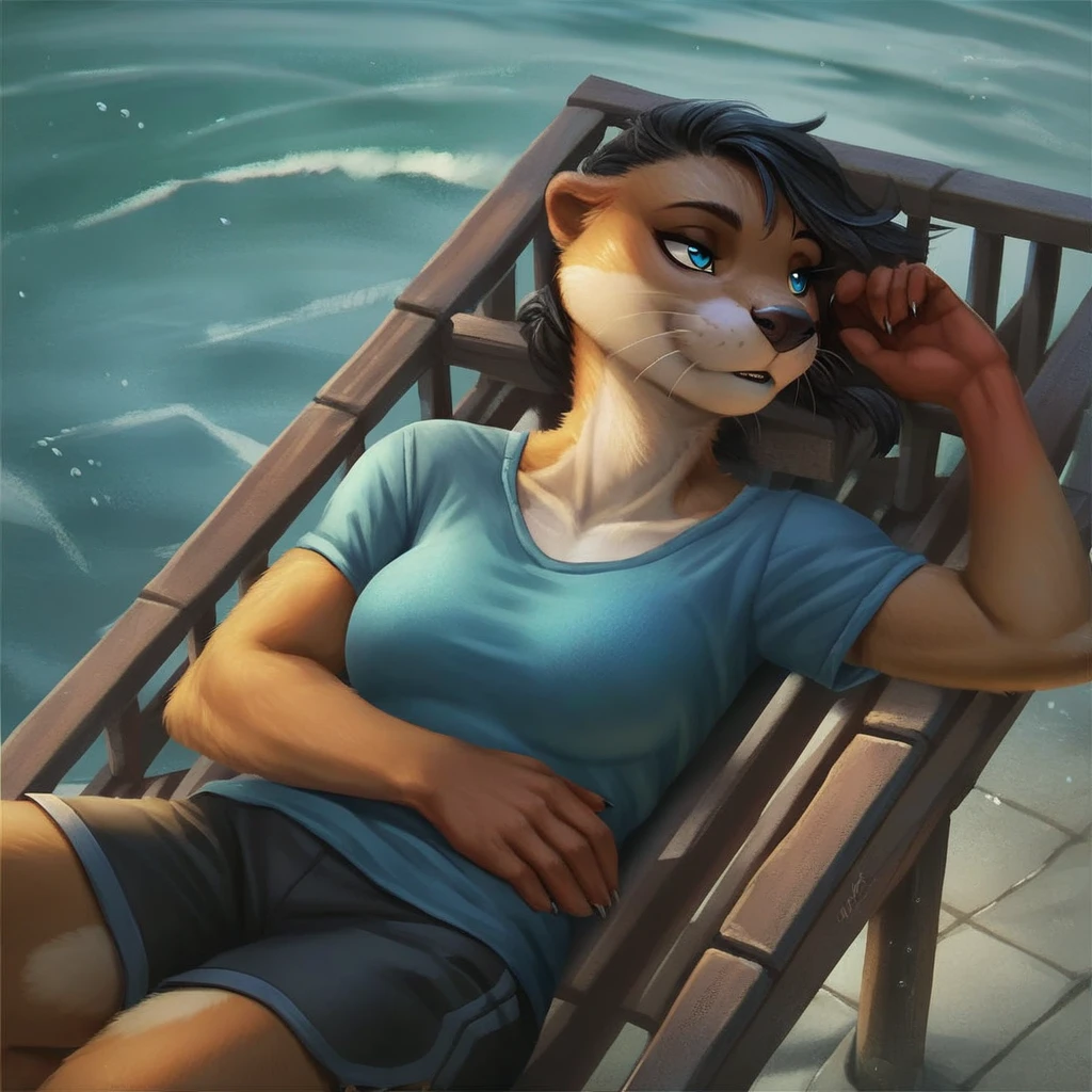 <lora:Fur_and_Light_Style_PonyXL:0.8>, score_9, score_8_up, score_7_up, score_6_up, score_5_up, score_4_up, source_furry, rating_safe, sea otter, black hair, blue eyes, golden body, clothed, clothing, background, at a water park, sleeping, female, breasts, rating_safe, detailed fur, detailed background,