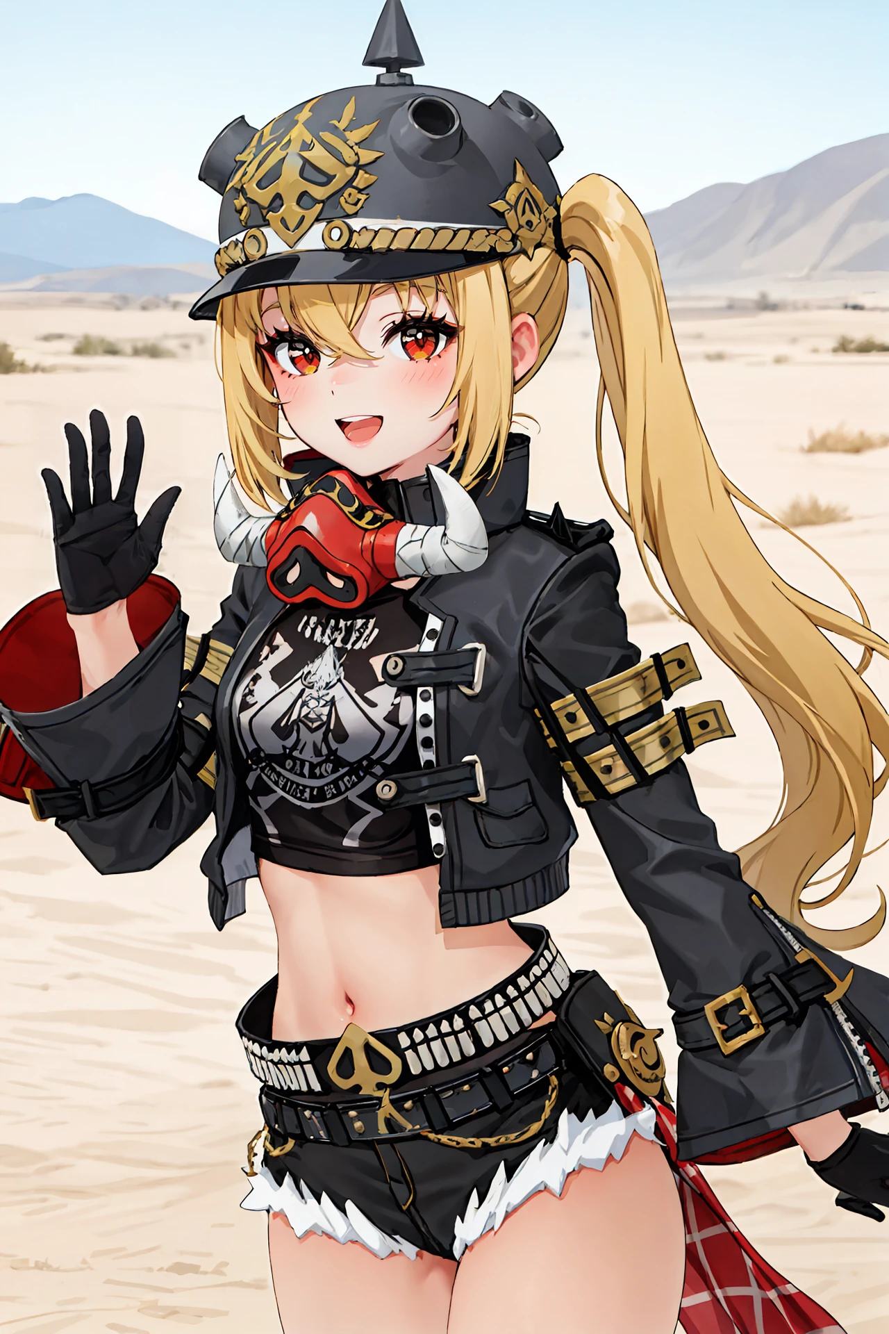 1girl, luciana de montefio, side ponytail, black helmet, cutoffs, half gloves, high belt, cropped jacket, mask around neck, black camisole, sarong, looking at viewer, smiling, open mouth, desert, outdoors, depth of field, standing on one leg, waving, cowboy shot