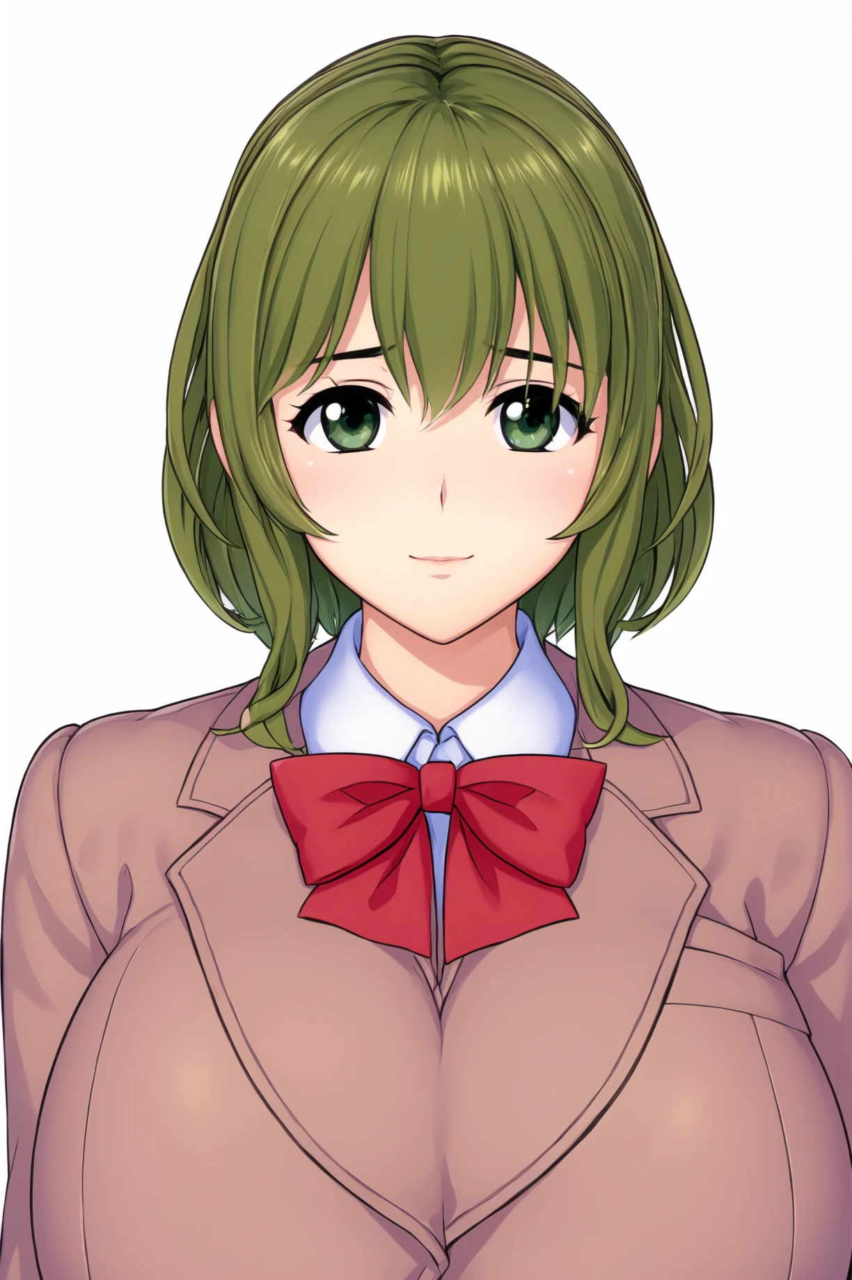 Simple Background,(White_Background:1.1),
dynamic pose,standing at attention,
school uniform, brown jacket, long sleeves,
<lora:Quiet_ZLoli_KK77-KK77-V1:0.7>, Quiet_ZLoli_KK77, red bowtie,
green eyes, green hair,bangs,Short hair,
<lora:more_details:0.1>,<lora:NovelAI_YesMix5_KKStyle-KK77-Yes5-V1:0.3>,<lora:Oda_Non_Style2-KK77-Yes5-V1:0.3>,
1 girl, 20yo,Young female,Beautiful long legs,Beautiful body,
Beautiful Nose,Beautiful character design, perfect eyes, perfect face,expressive eyes,perfect balance,
looking at viewer,(Focus on her face),closed mouth, (innocent_big_eyes:1.0),(Light_Smile:0.3),
official art,extremely detailed CG unity 8k wallpaper, perfect lighting,Colorful, Bright_Front_face_Lighting,White skin,
(masterpiece:1.0),(best_quality:1.0), ultra high res,4K,ultra-detailed,
photography, 8K, HDR, highres, absurdres:1.2, Kodak portra 400, film grain, blurry background, bokeh:1.2, lens flare, (vibrant_color:1.2),professional photograph,
(Beautiful,large_Breasts:1.4), (beautiful_face:1.5),(narrow_waist),