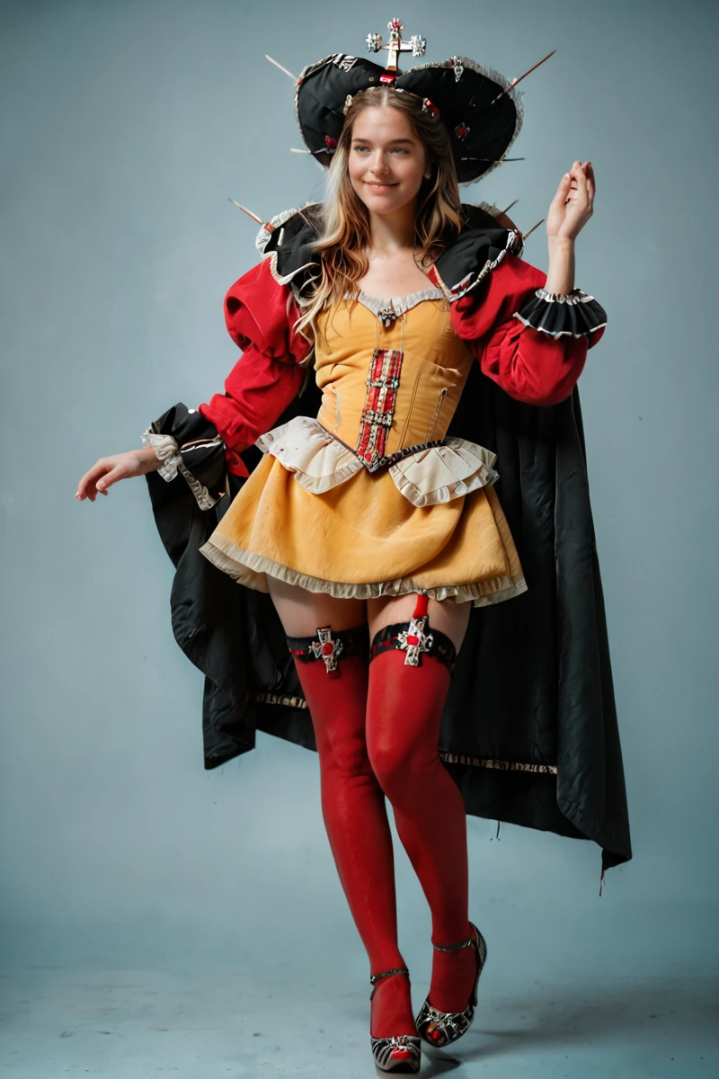 hires digital photo, photorealism, simple background, 3m@nn3u3lle, standing, one leg forward, on hand up, smile, looking to side, looking down at own hand, full body, wearing red and yellow strapless dress, red and black detached puffy sleeves, red thighhighs, crown, cloak, ruff,  <lora:EmmanuelleVonLiebwitzV3PonyXL:0.8>, PonyXL_Scores, intricate details, high resolution,, rating_safe