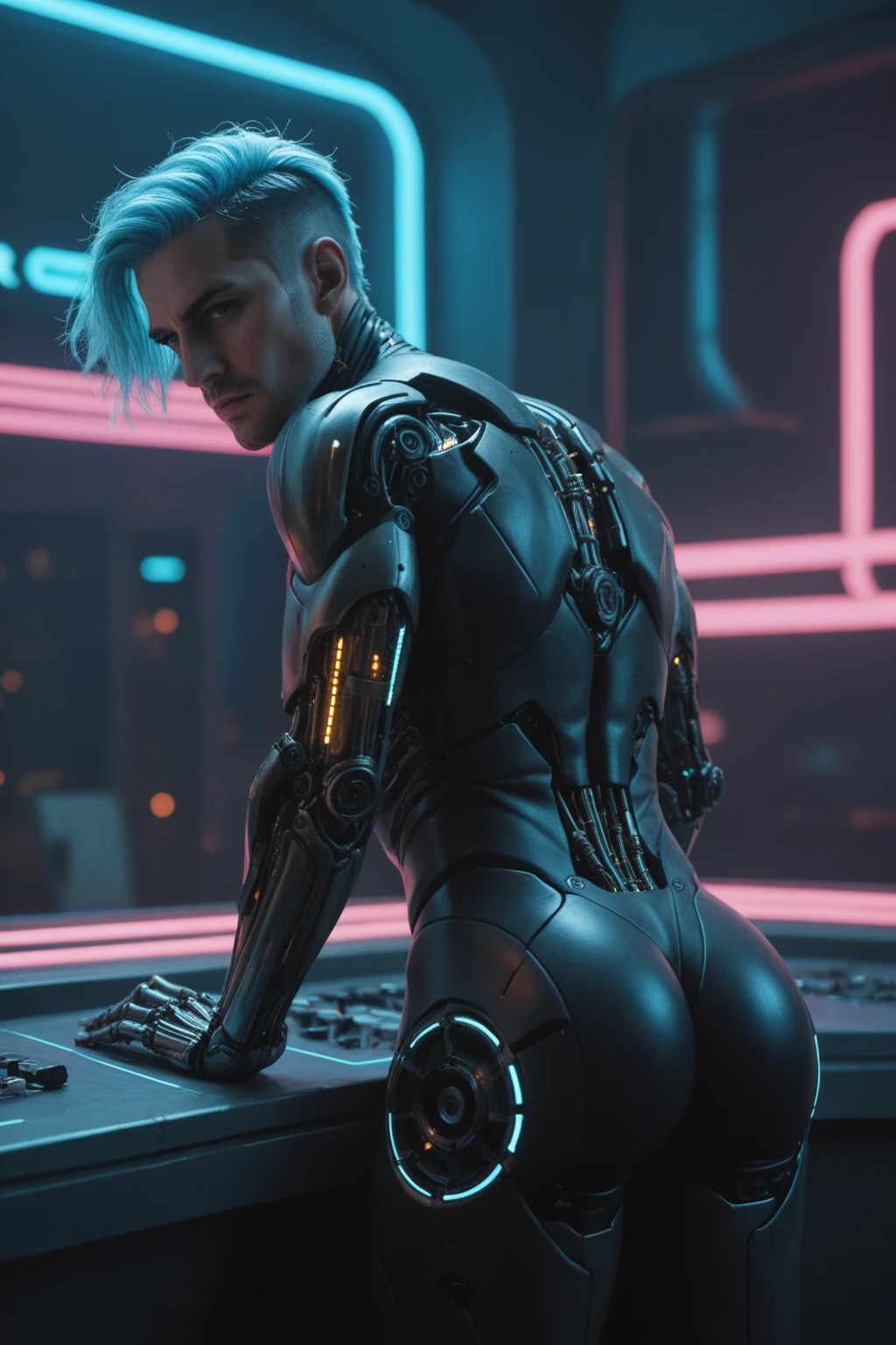 (score_9, score_8), score_8_up, score_7_up, symmetrical, 1boy, bend over, cyborg, biomechanical, (mechanical spine), mechanical parts, glowing hair, neon, cyberpunk, retrowave, robot seams, bubble butt, glowing hair, looking back