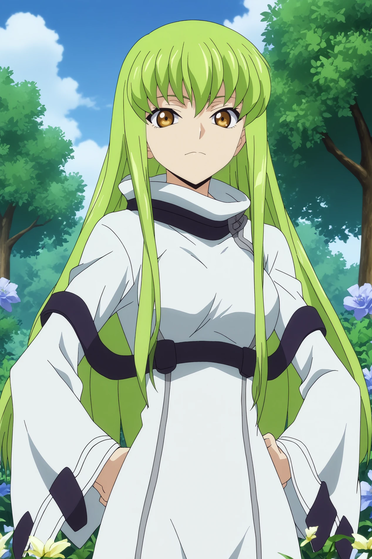  c.c,1girl,solo,mature,light green hair,long hair,bangs,looking at viewer,closed mouth,white bodysuit,straitjacket,very long hair,upper body BREAK outdoors,forest,purple tree,blue sky,purple flowers,flowers everywhere,flower_field,   Kneeling with one knee lifted and hands on hips,  <lora:C.C_-_Code_Geass.safetensors:0.8>