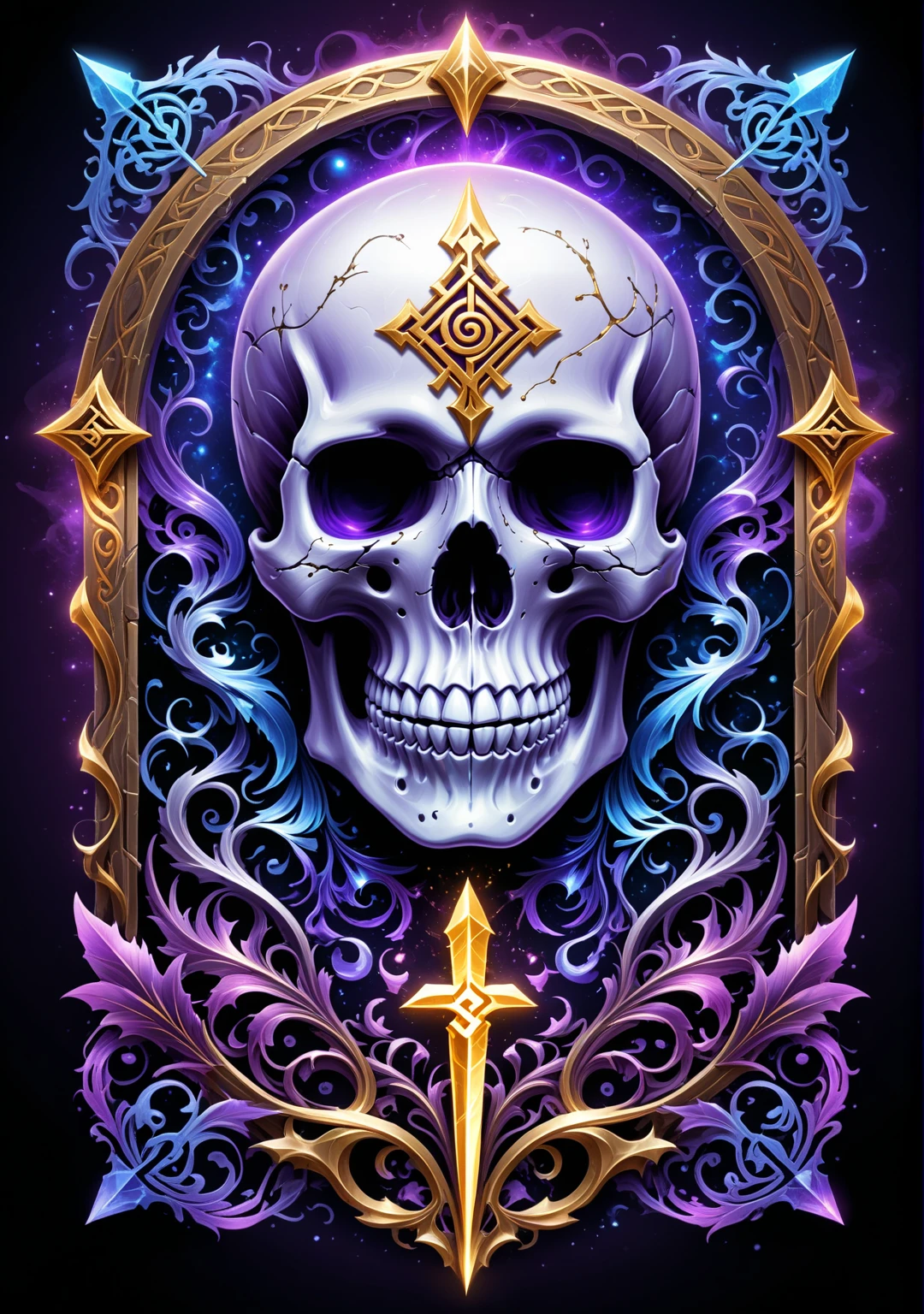 Fantasy t-shirt print for XL size: Epic Skeleton as centerpiece.
Magical aura surrounds, swirling energy tendrils. Intricate border of ancient runes and symbols. Hidden details: mystical creatures, artifacts. Rich, deep colors: royal purples, midnight blues, gleaming golds. Subtle gradient background enhancing depth. Weathered, arcane look.
