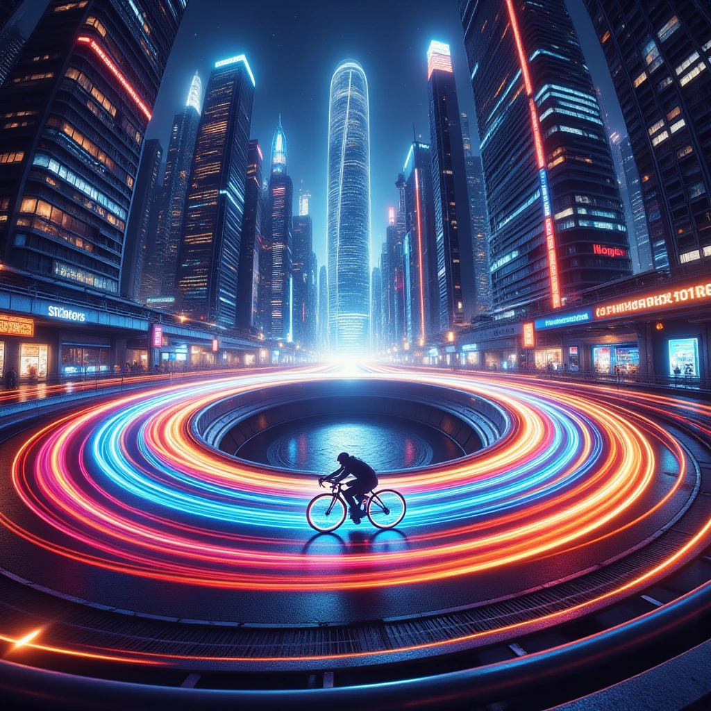 professional 3d model  A 3D futuristic cityscape viewed through a fisheye lens, with towering, sleek skyscrapers curving inward toward a massive central void. A lone figure rides a glowing, modern bicycle along the curved path of the city. The bike emits soft light trails as it moves, matching the vibrant streaks of light from the cityâs roads and surrounding buildings. The cyclistâs silhouette is sleek, and they lean slightly forward, fully immersed in their ride across this surreal landscape.The city around the cyclist is bathed in glowing lights, with reflections bouncing off the smooth surfaces of the buildings. The fisheye effect causes the entire scene to curve dramatically, making it seem as though the cyclist is riding around the edge of a massive, circular world. The lights from the city bend and stretch, following the curve of the path, enhancing the sense of motion and speed.The central void in the middle of the city adds an air of mystery, contrasting with the energetic movement and the futuristic, vibrant cityscape. The image captures a blend of solitude, motion, and awe-inspiring urban beauty, with the cyclist serving as the focal point of the scene.
 . octane render, highly detailed, volumetric, dramatic lighting